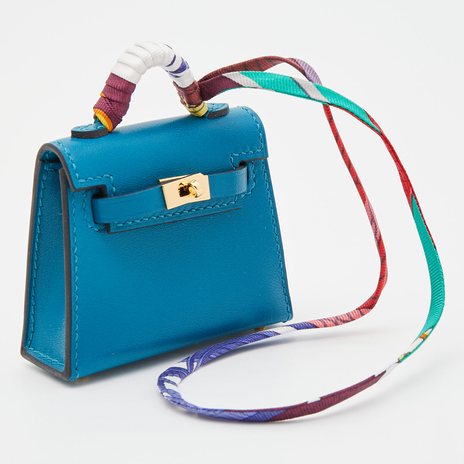 

Hermes Bleu Izmir Tadelakt Leather Mini Kelly Twilly Bag Charm, Blue