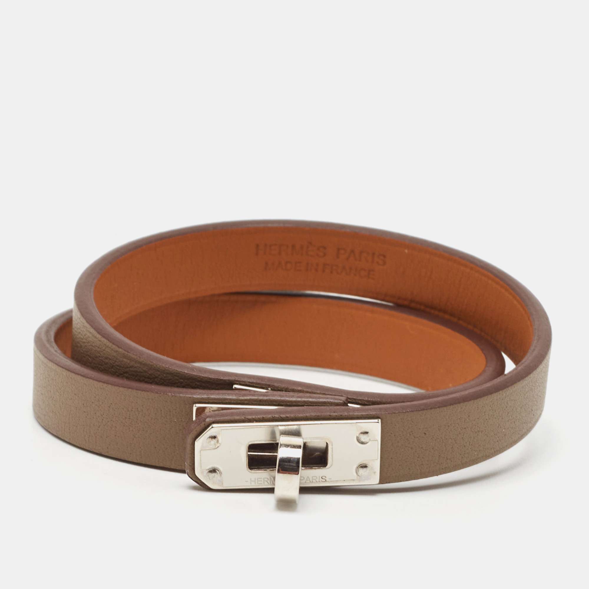 مملوكة مسبقًا Hermes Mini Kelly Leather Palladium Plated Double Wrap Bracelet