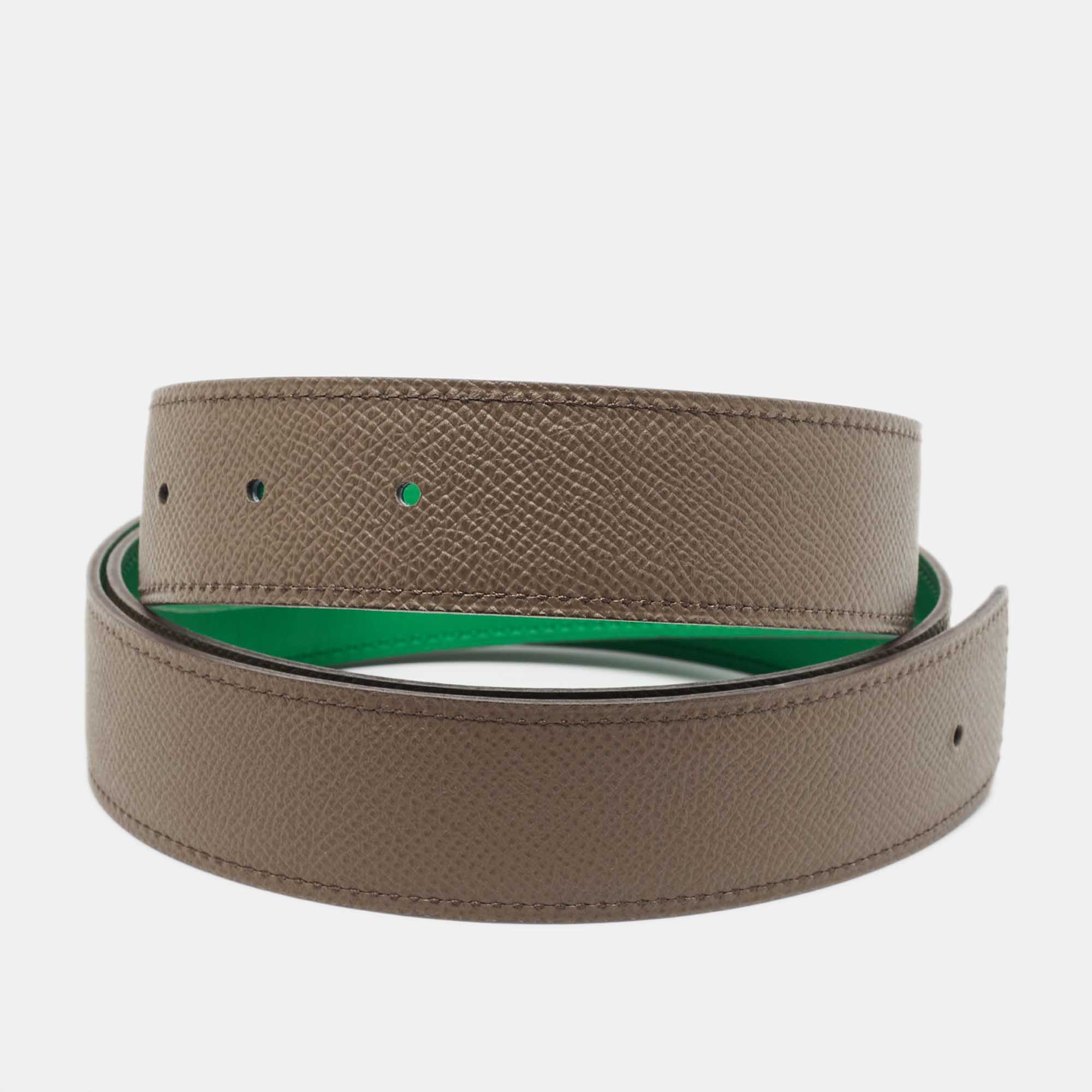 Pre-owned Hermes Hermès Etain/bambou Epsom And Swift Leather Reversible Belt Strap Size 95cm In Green