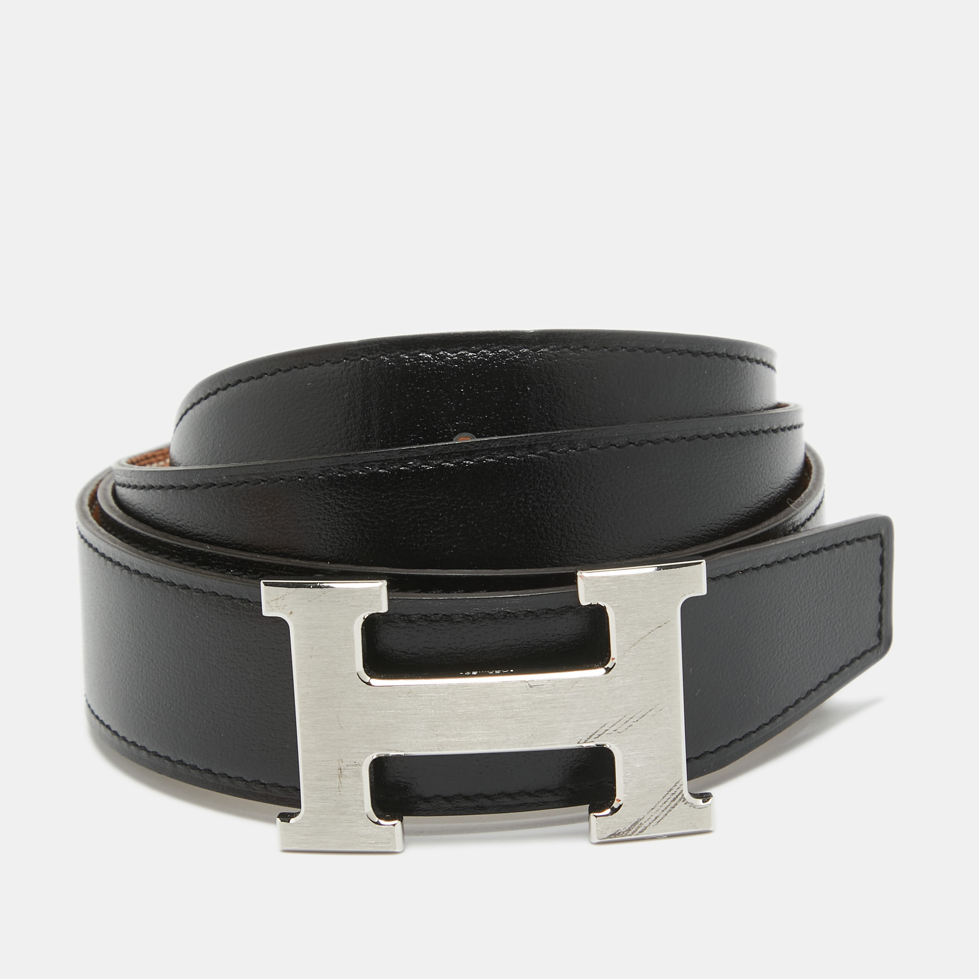 

Hermes Gold/Black Chamonix and Togo Leather H Buckle Reversible Belt, Brown