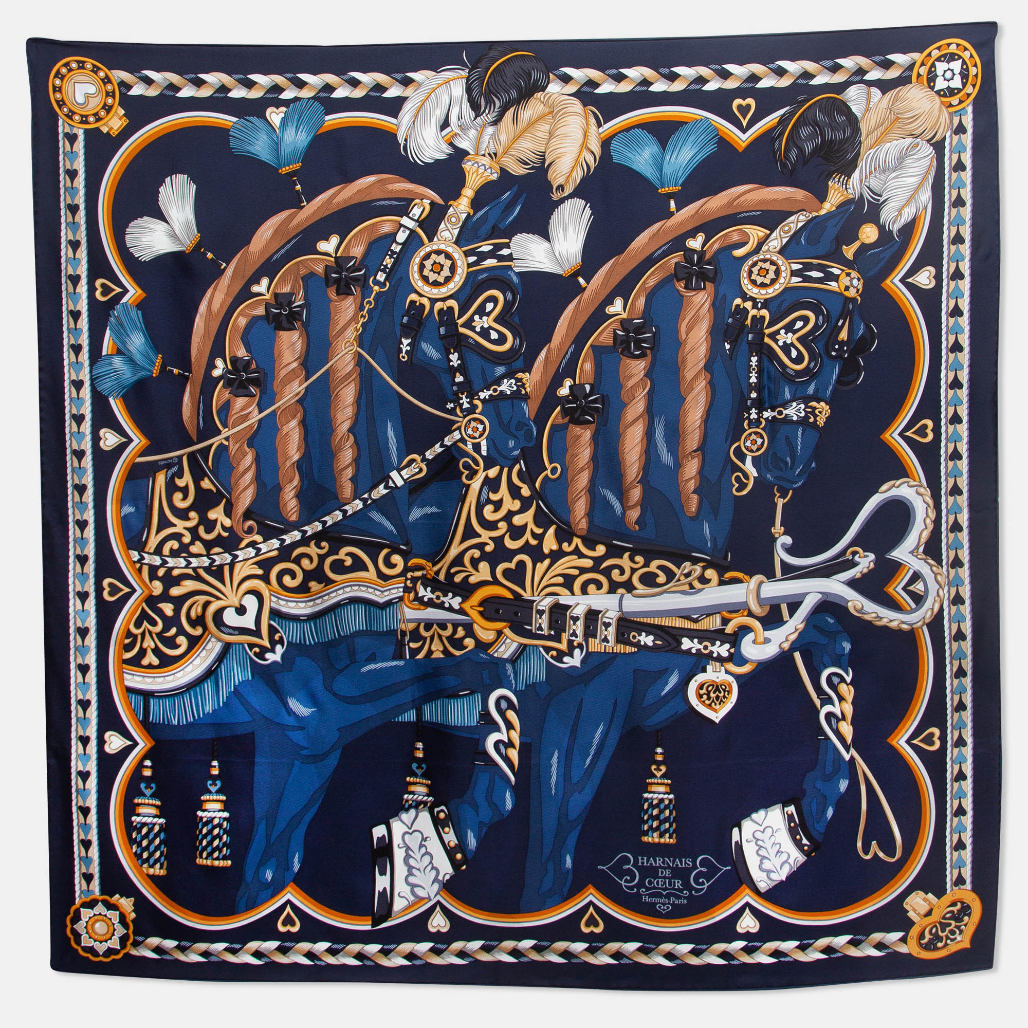 Hermes Navy Blue Printed Silk Harnais de Coeur Scarf 