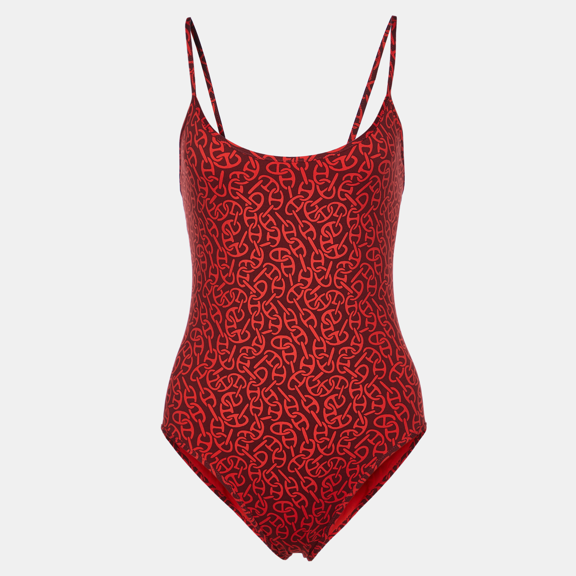

Hermès Rouge Red Printed Jersey Maillot De Bain Constance One-Piece Swimsuit M