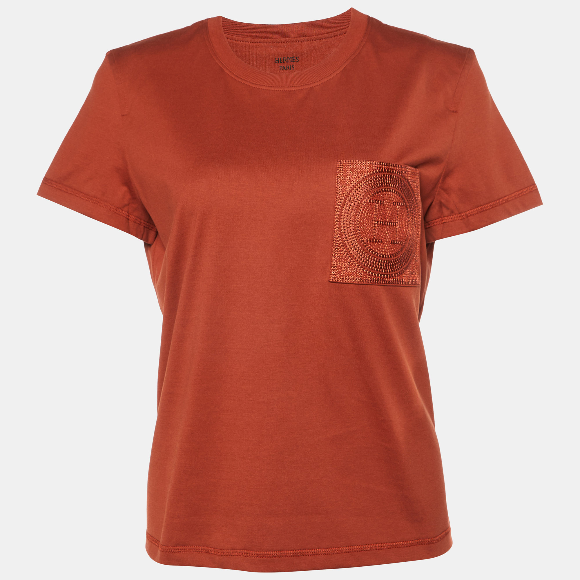 

Hermes Rouge de Turin Cotton Embroidered Pocket T-Shirt M, Brown