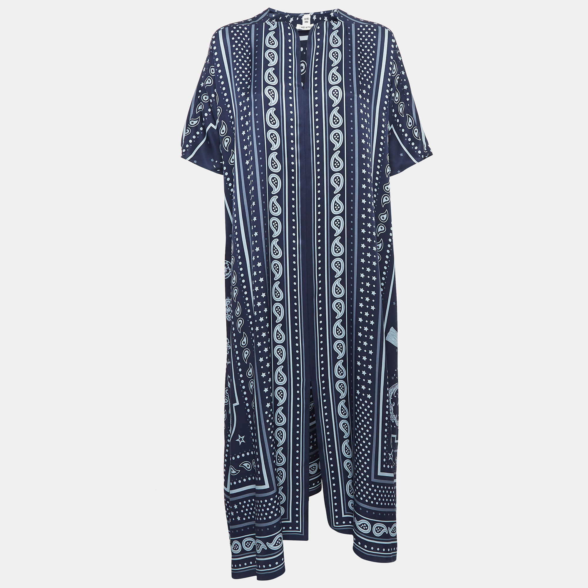 

Hermes Navy Blue Printed Silk Twill Kaftan Midi Dress M