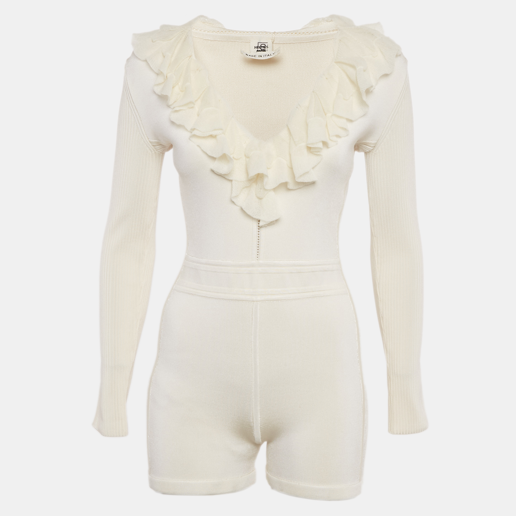 

Hermes Off-White Silk Blend Knit Ruffled Playsuit S