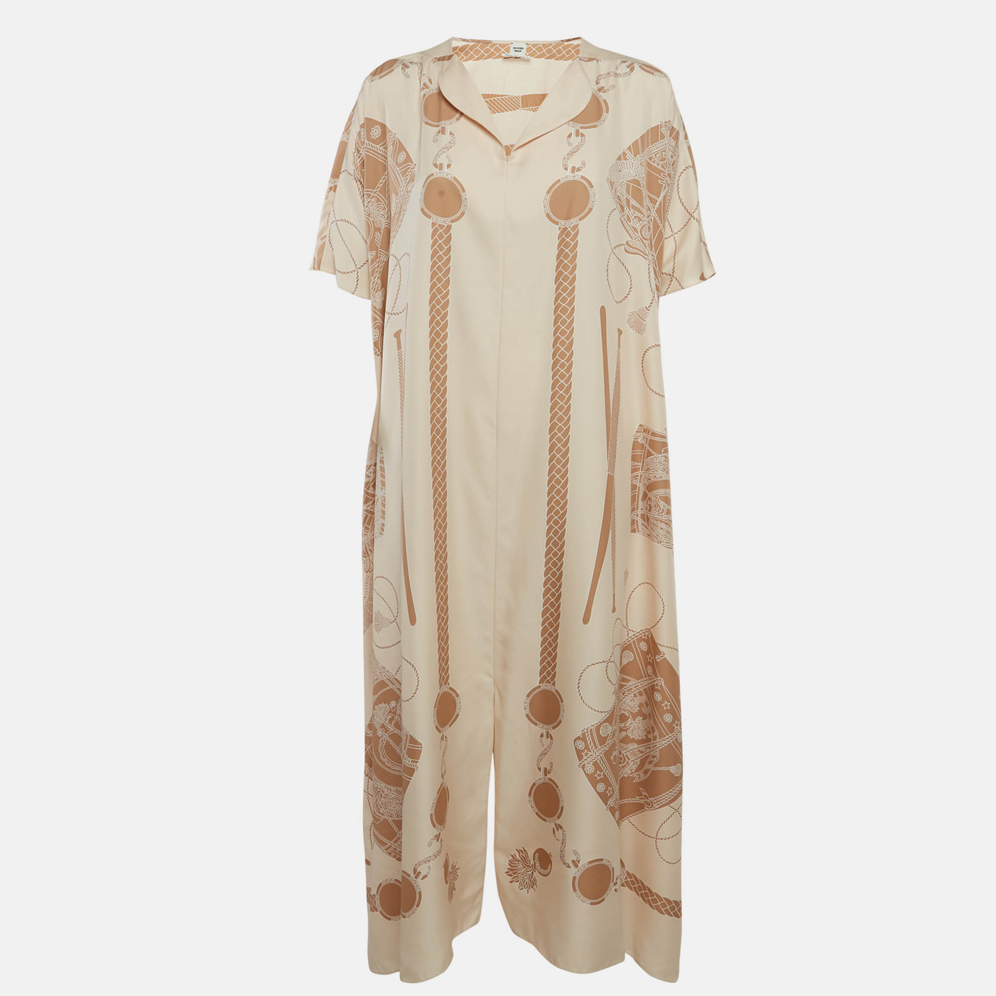 

Hermes Beige Les Tambours Print Silk Tunic Midi Dress M