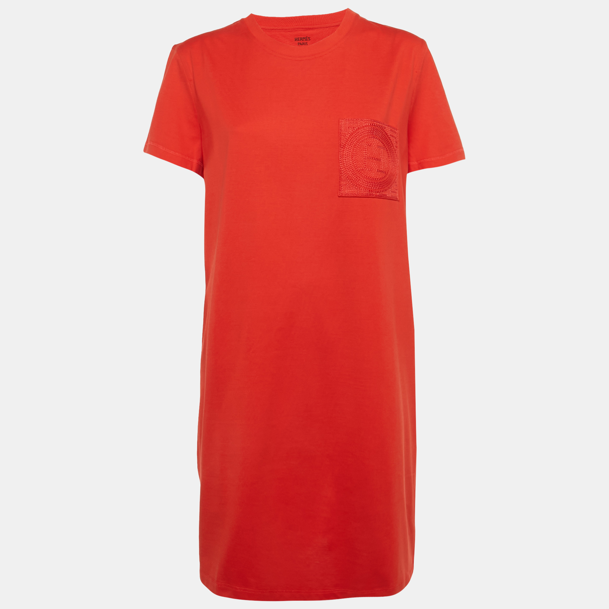 

Hermès Red Pocket Embroidered Jersey T-Shirt Dress L