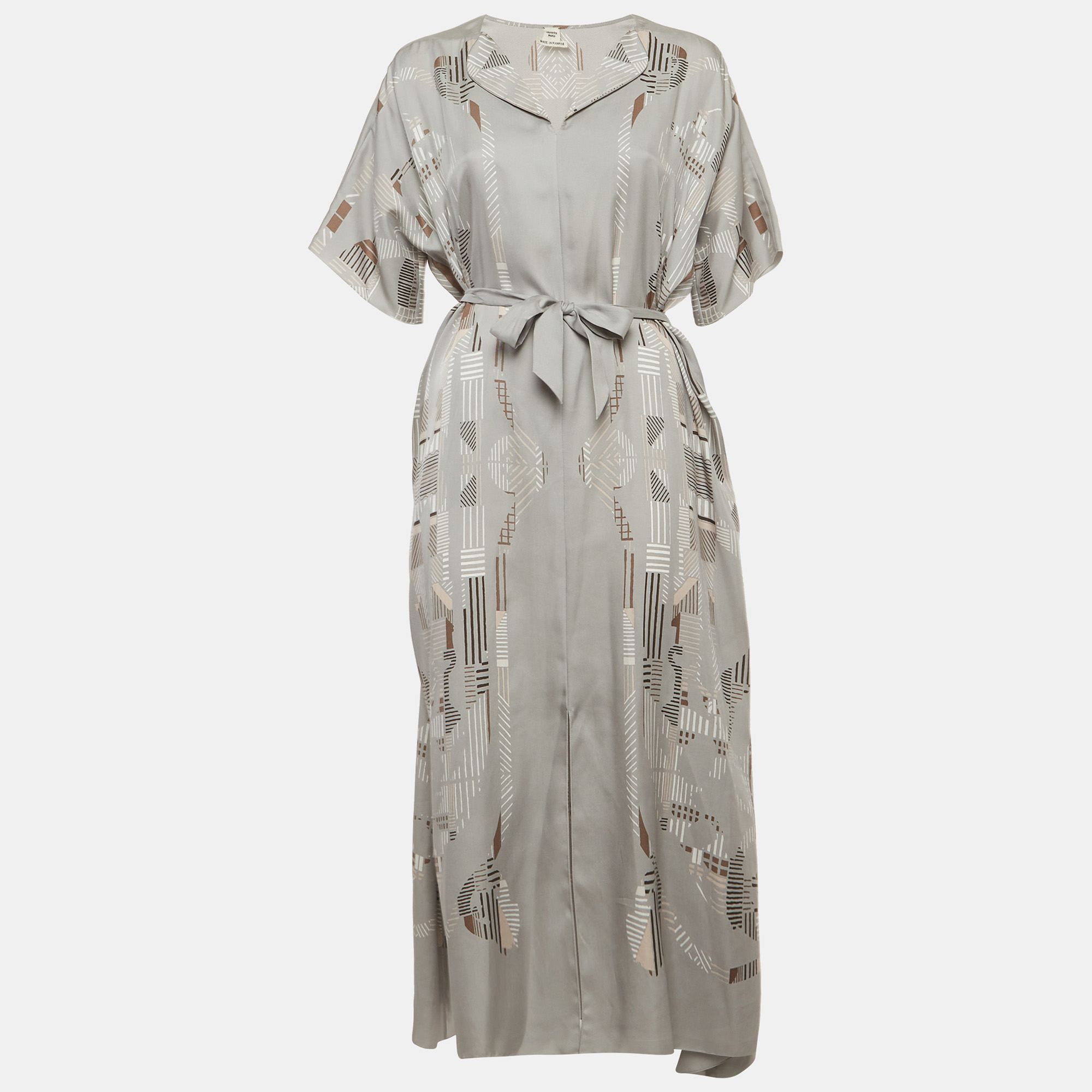 

Hermes Grey Printed Silk Belted Maxi Dress M