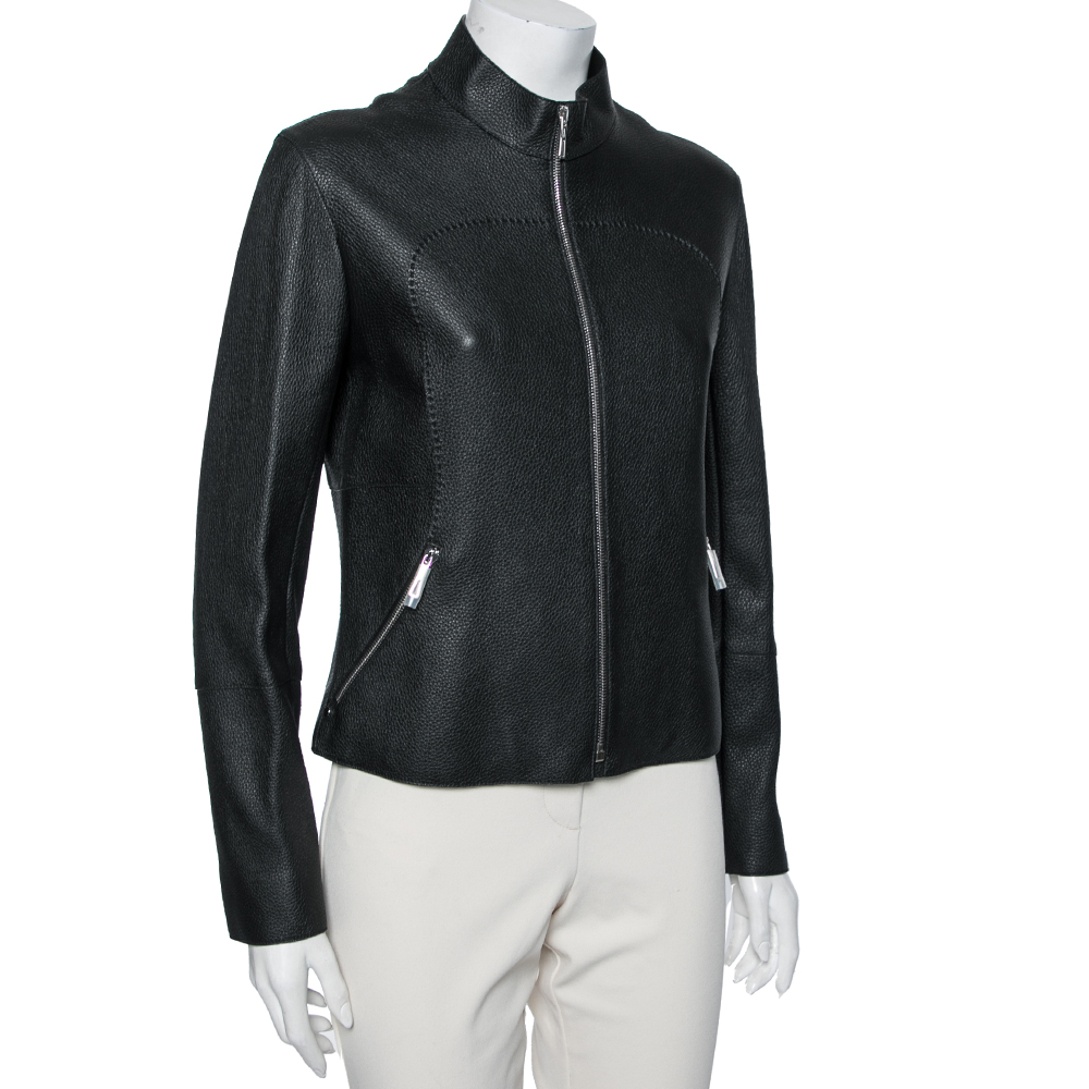 

Hermes Black Leather Zip Front Biker Jacket