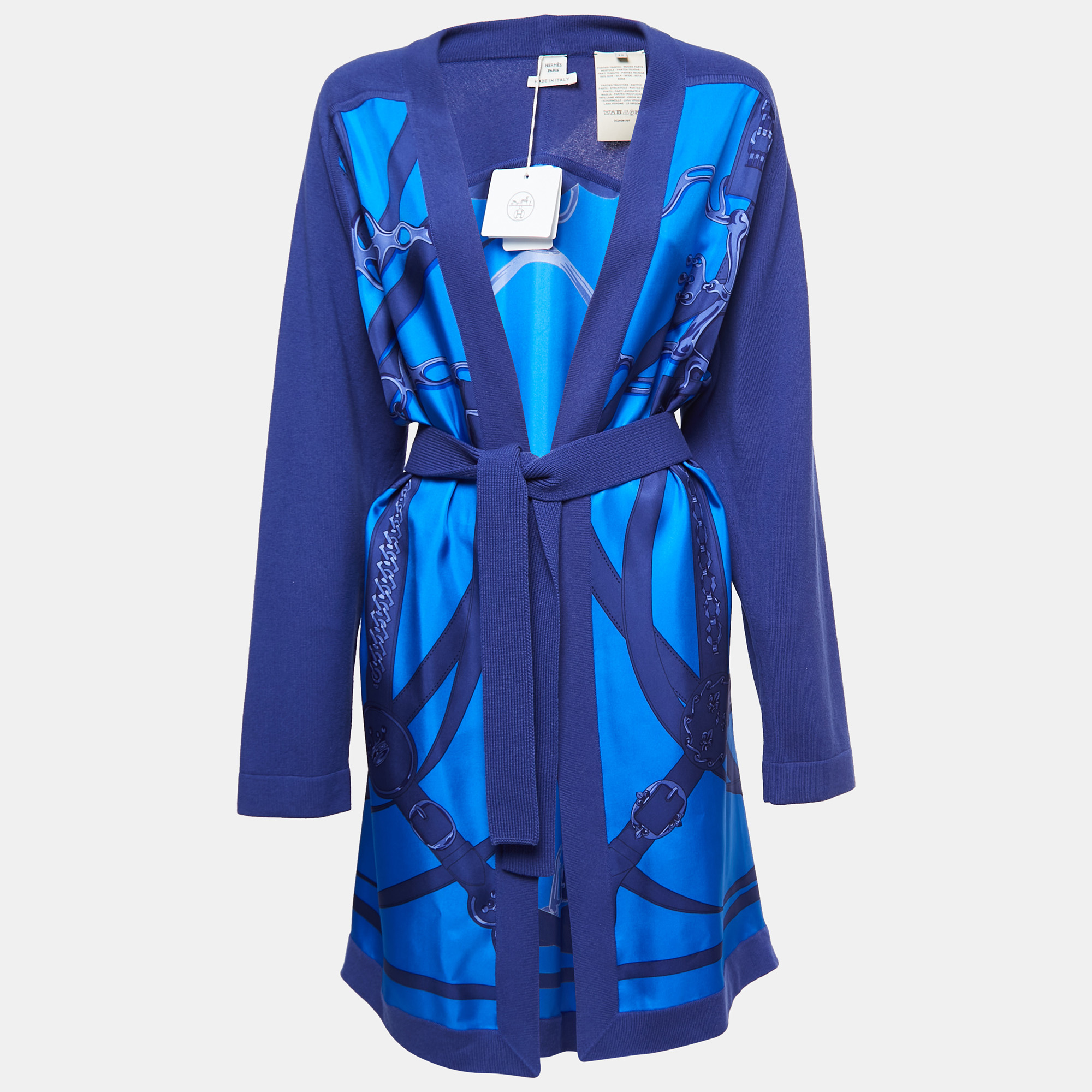 Hermes Blue Printed Silk & Wool Belted Cardigan M