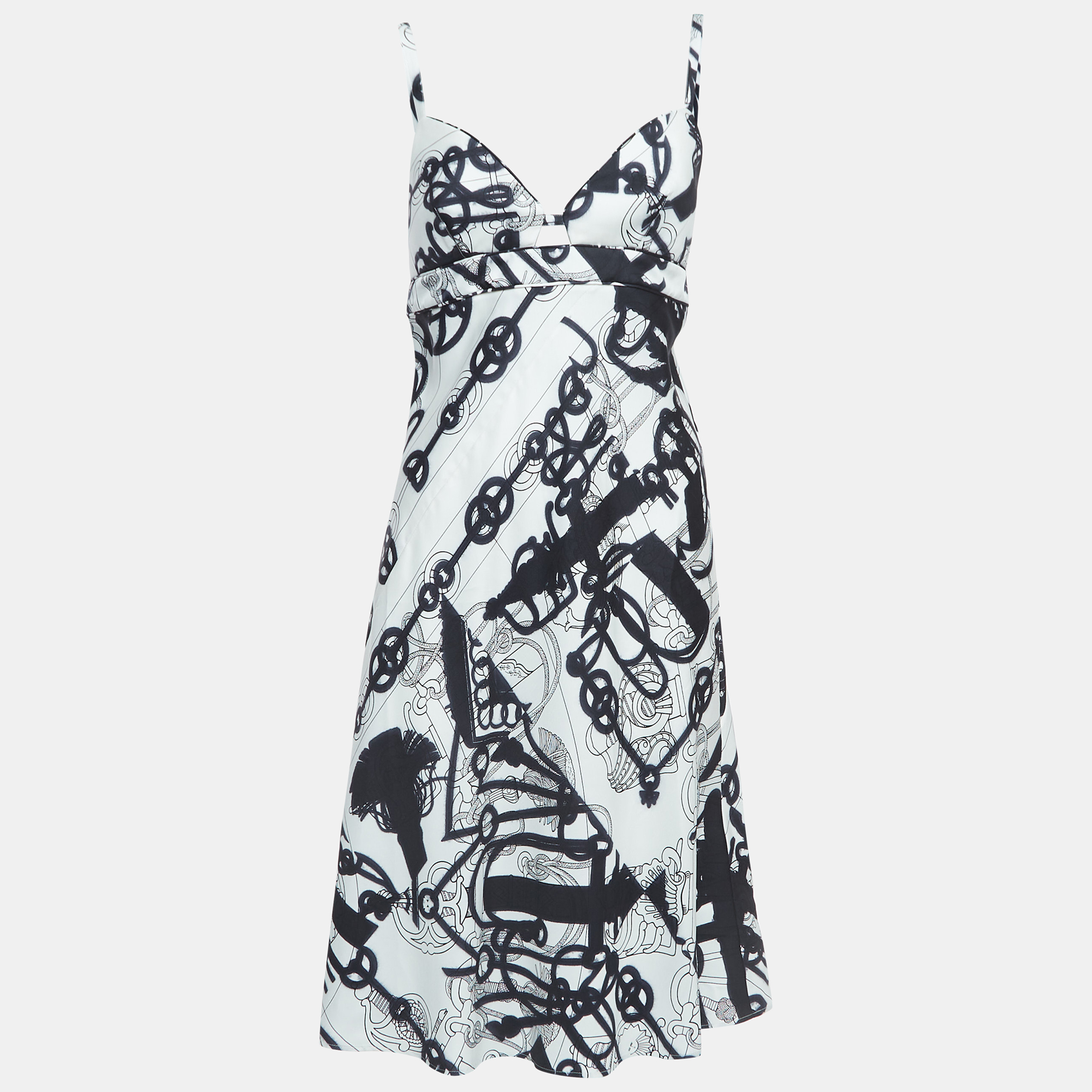 Pre-owned Hermes White/black Printed Silk Twill Midi Dress M