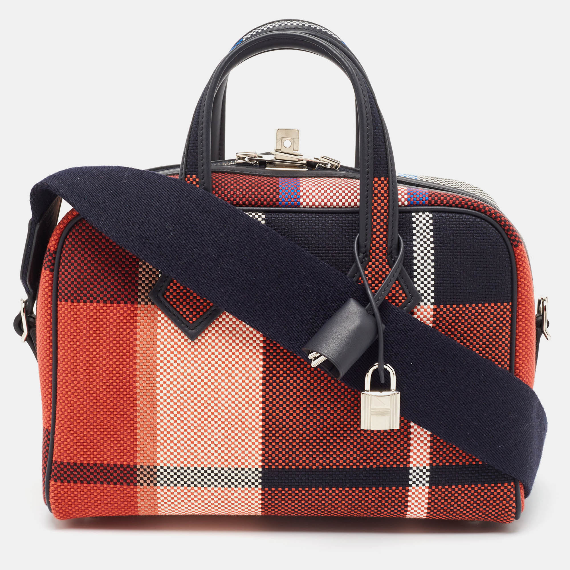 

Hermès Marine/Ecru/Brique Madras Viking Canvas Victoria III Fourre-Tout Mini Bag, Multicolor