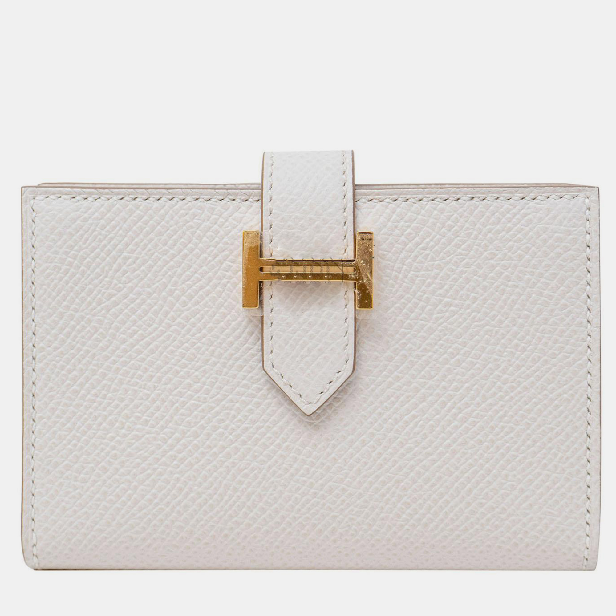 Pre-owned Hermes Gris Pale Epsom Bearn Card Holder Ghw In White