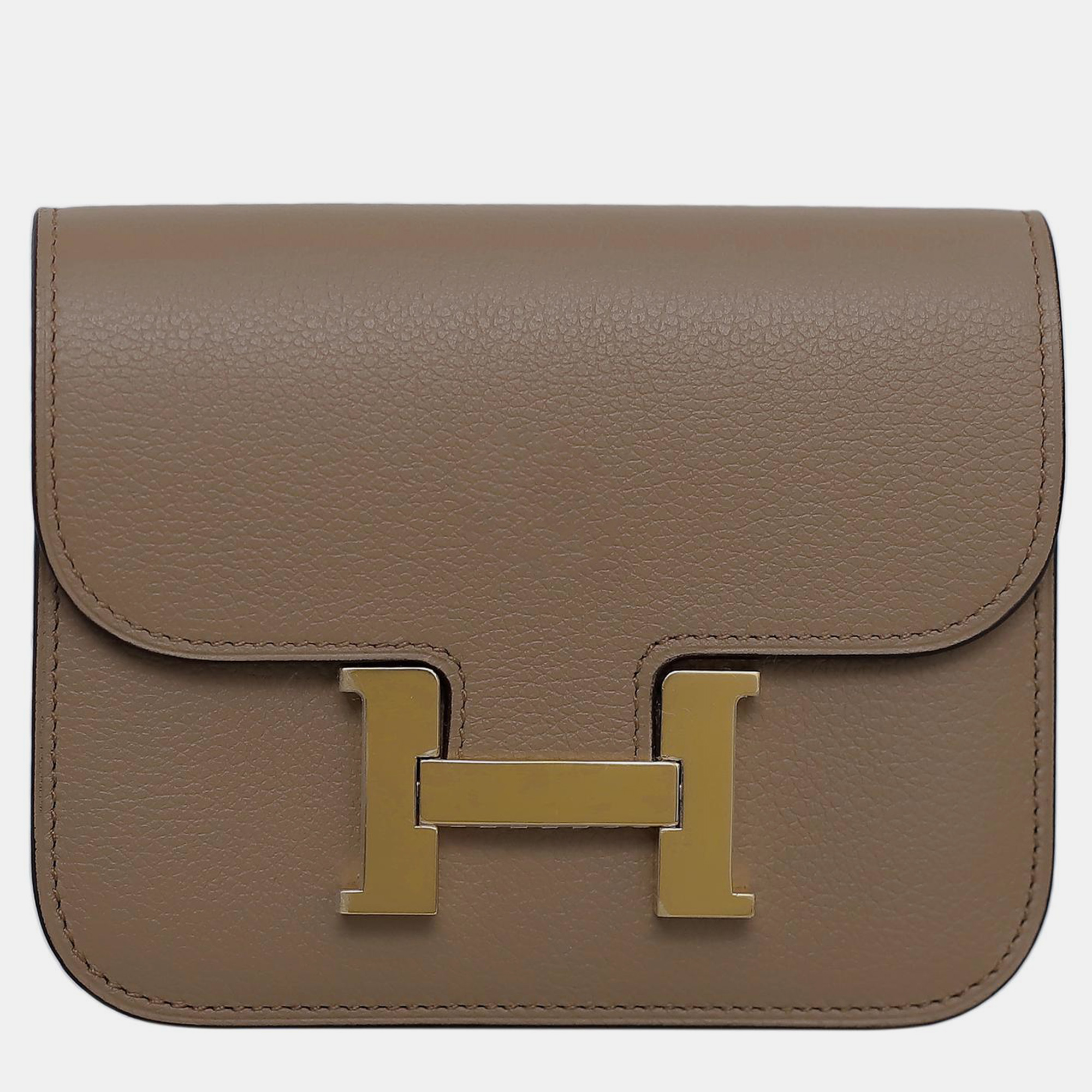 Pre-owned Hermes Chai Lime Evercolor Constance Slim Compact Wallet In Brown