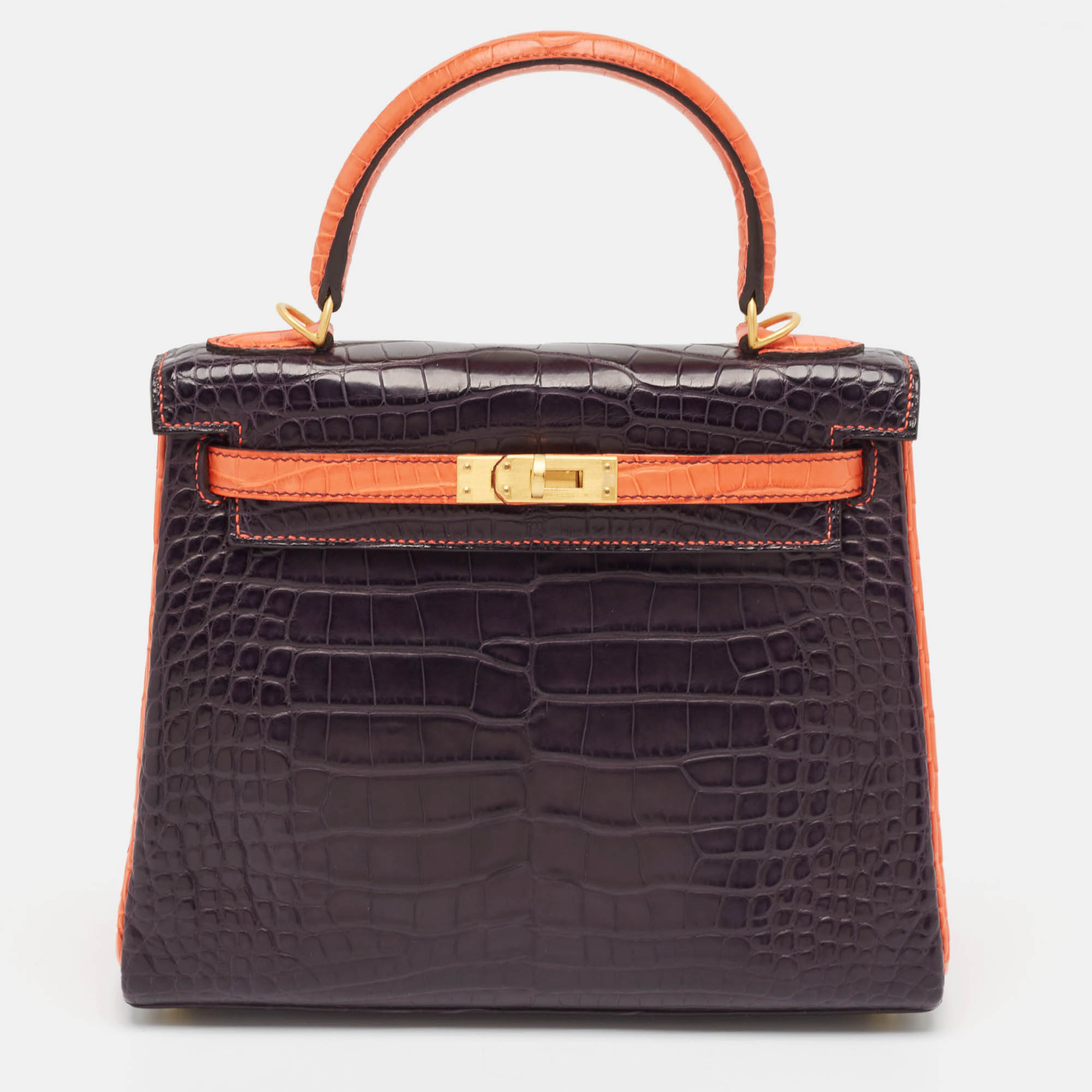 Pre-owned Hermes Hermès Orange Poppy/amethyst Alligator Mississippiensis Gold Finish Kelly Retourne 25 Bag