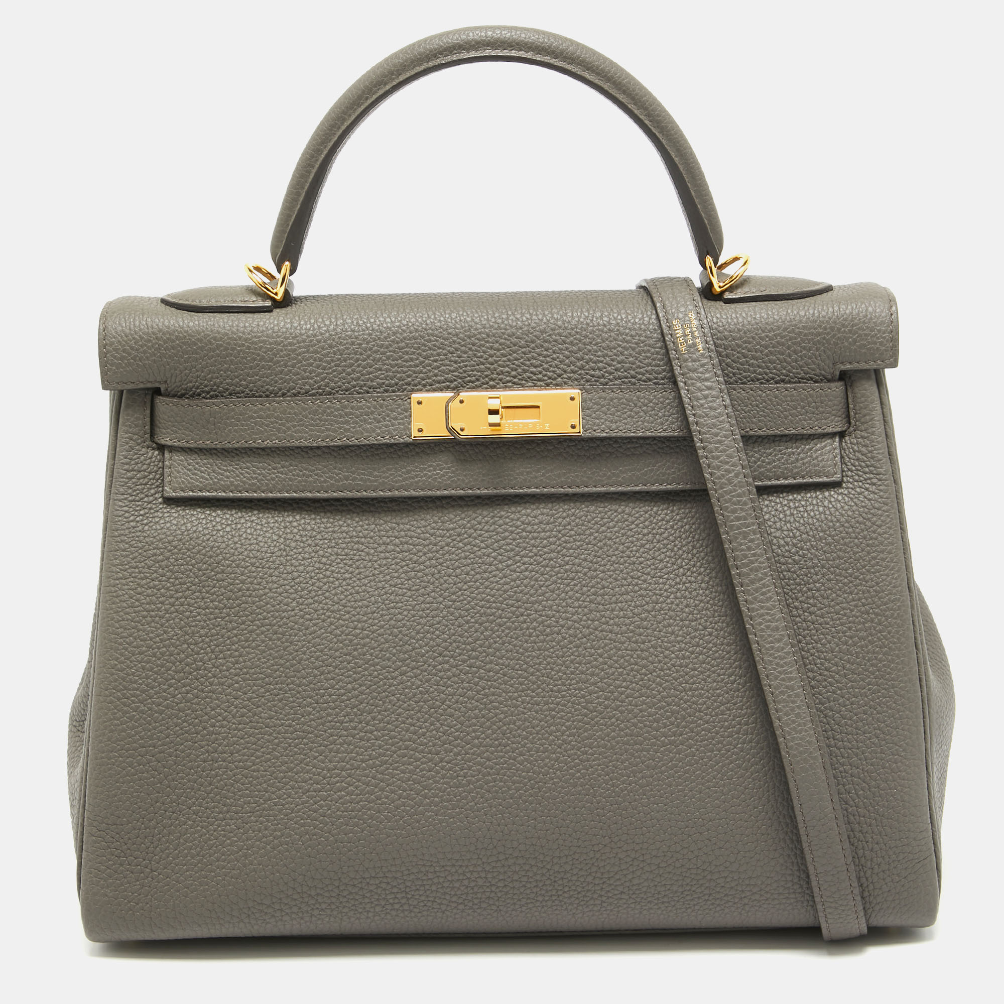 

Hermes Etain Togo Leather Gold Finish Kelly Retourne 32 Bag, Grey