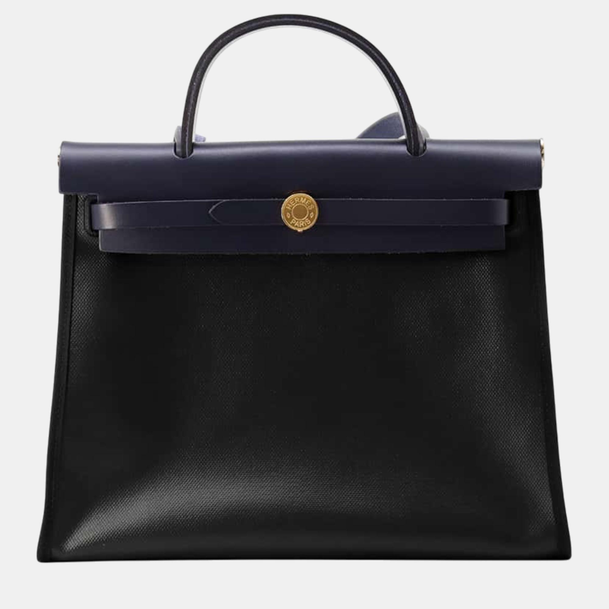 

Hermes Herbag Zip Le Tourne Black/Blue Nuit Toile H Berline Vache Hunter Leather Size PM