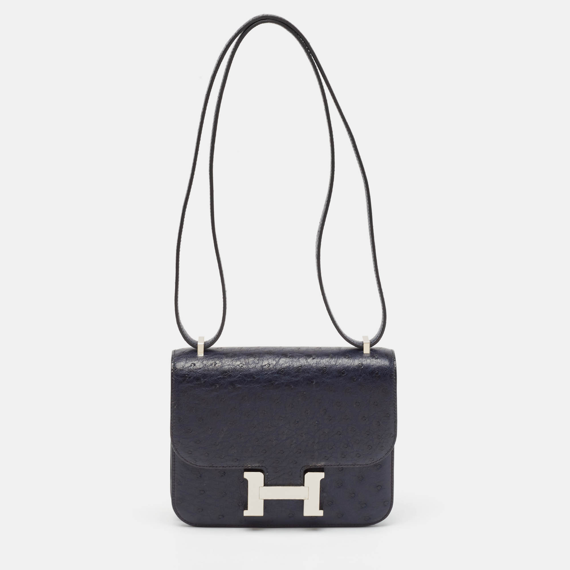 

Hermès Bleu Indigo Ostrich Palladium Finish Constance 18 Mini Bag, Blue