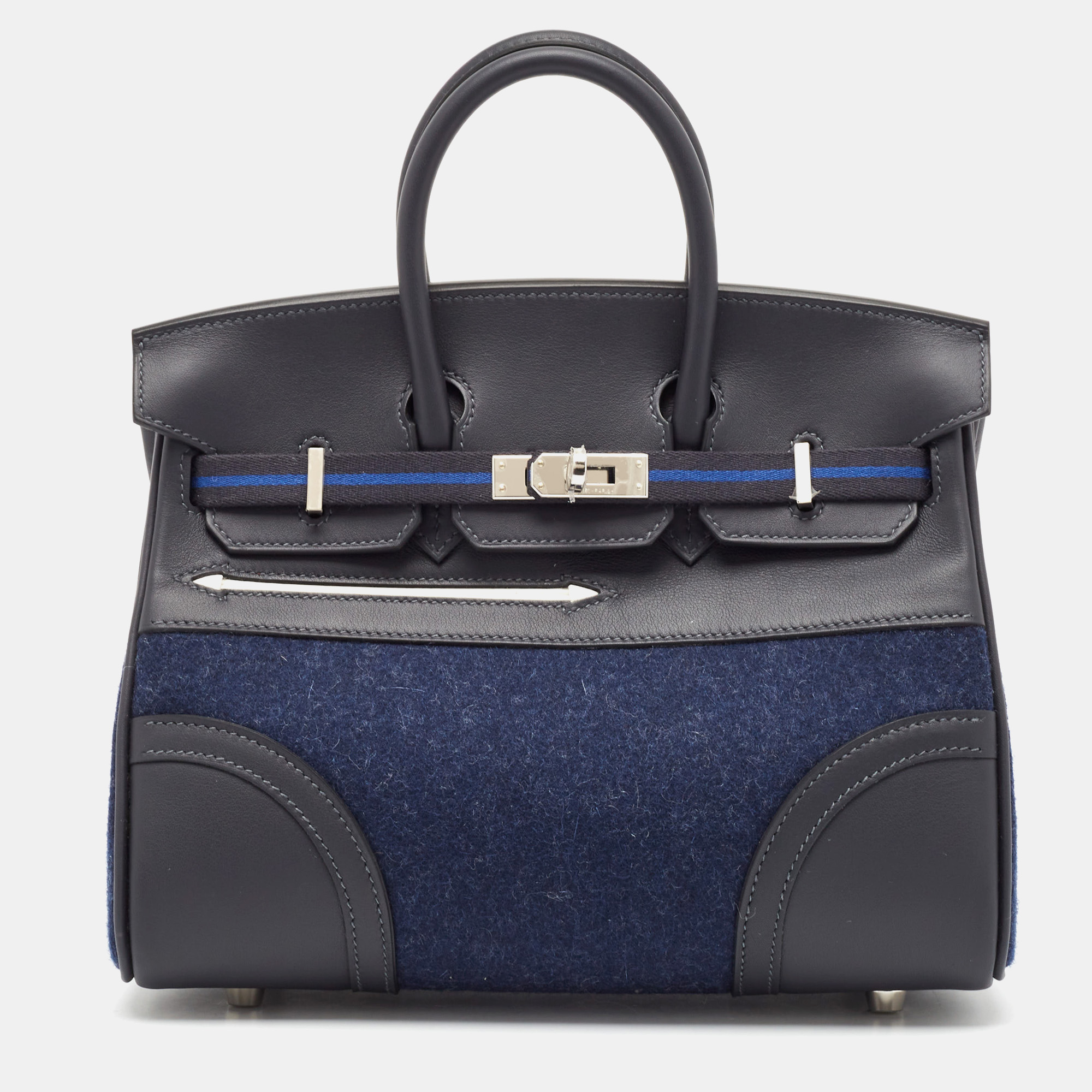 

Hermes Caban/Bleu Nuit Swift Leather and Feutre Palladium Finish Limited Edition Birkin 25 Go Team Bag, Blue