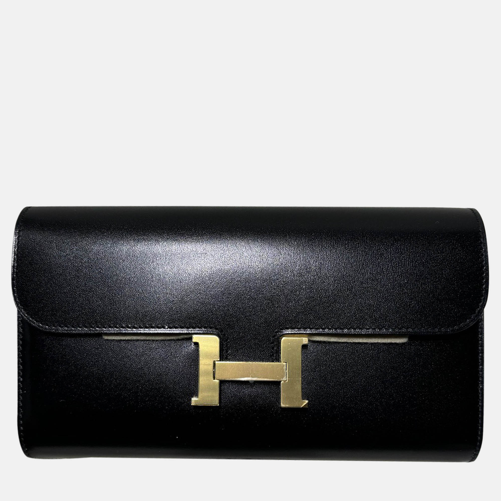 

Hermes black and gold Box leather kelly long bag