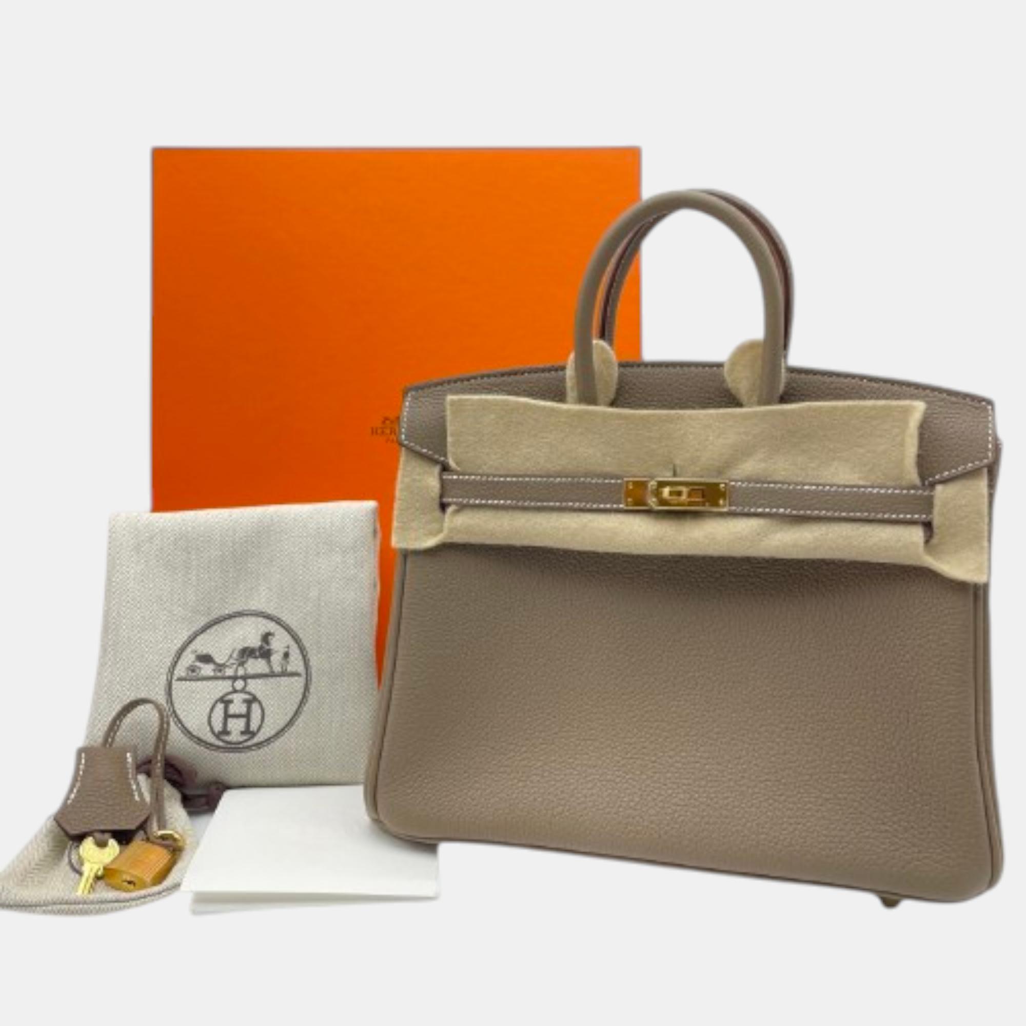 Hermes Etoupe Togo Leather Birkin 25 Bag 