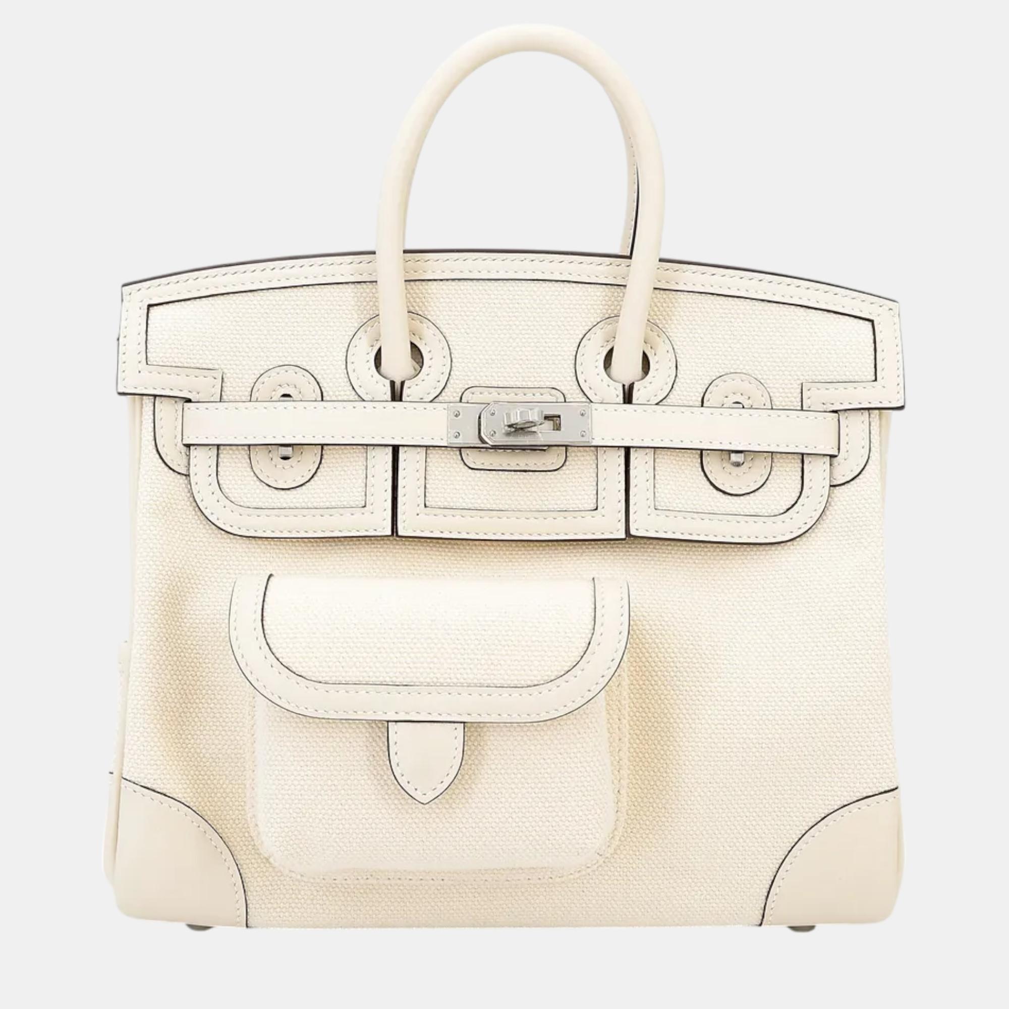 

Hermes Nata Swift, Canvas Leather Birkin 25 Bag, White