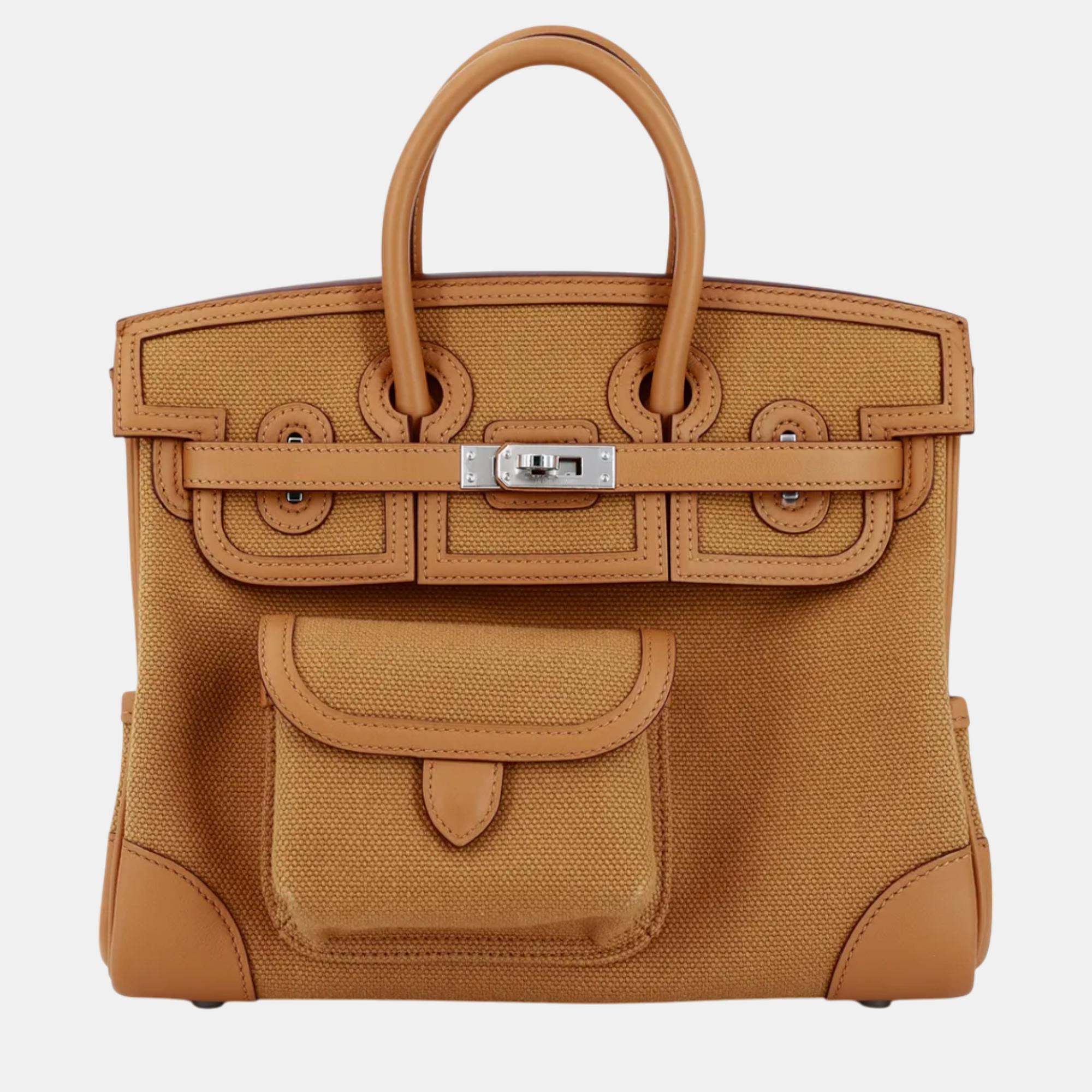 

Hermes Sesame Swift, Canvas Leather Birkin 25 Bag, Brown