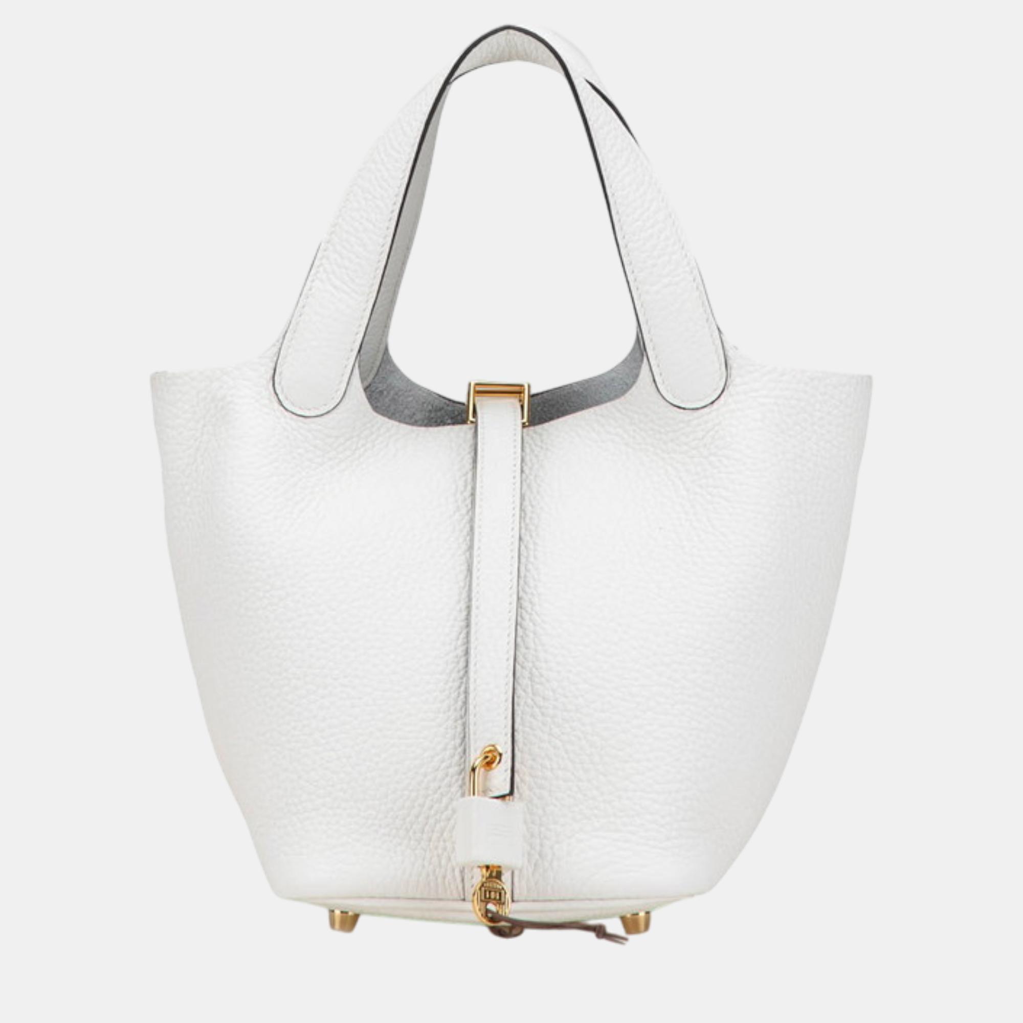 

Hermes White Leather Picotin Lock PM Handbag