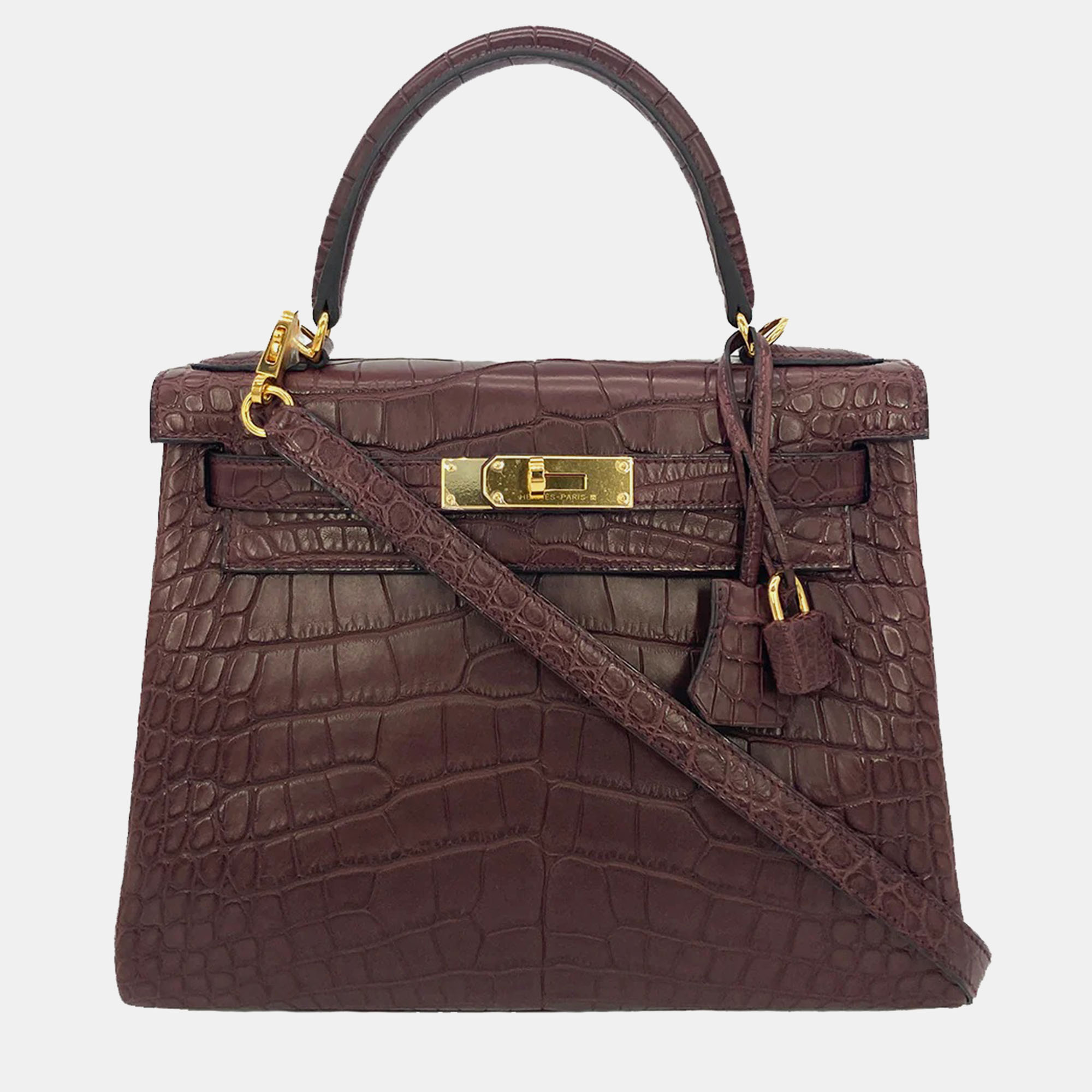 

Hermes Bordeaux Matte Alligator Gold Hardware Kelly 28, Brown