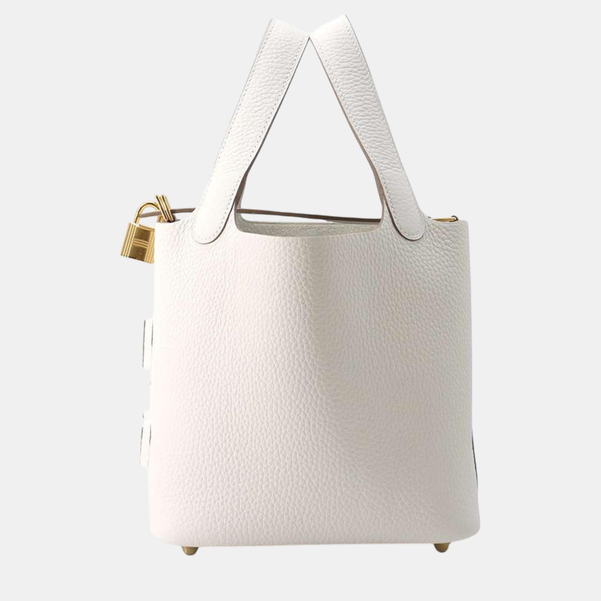 

Hermes Grease Pail Taurillon Clemence Leather Picotin Lock PM Top Handle Bag, White