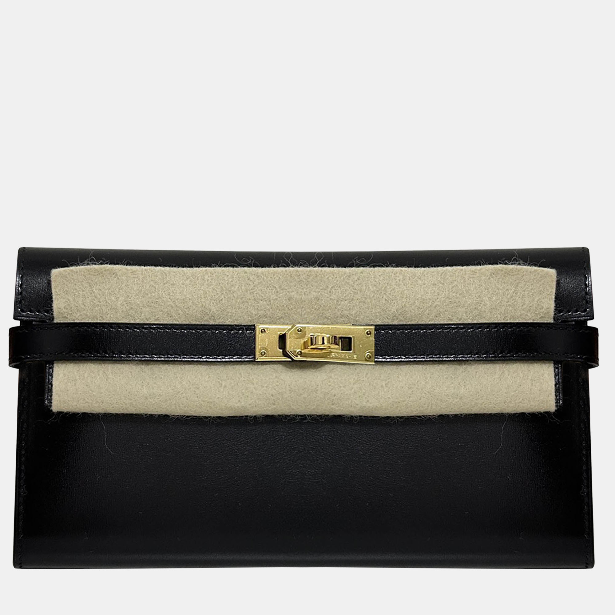 

Hermes black and gold Box leather kelly long bag