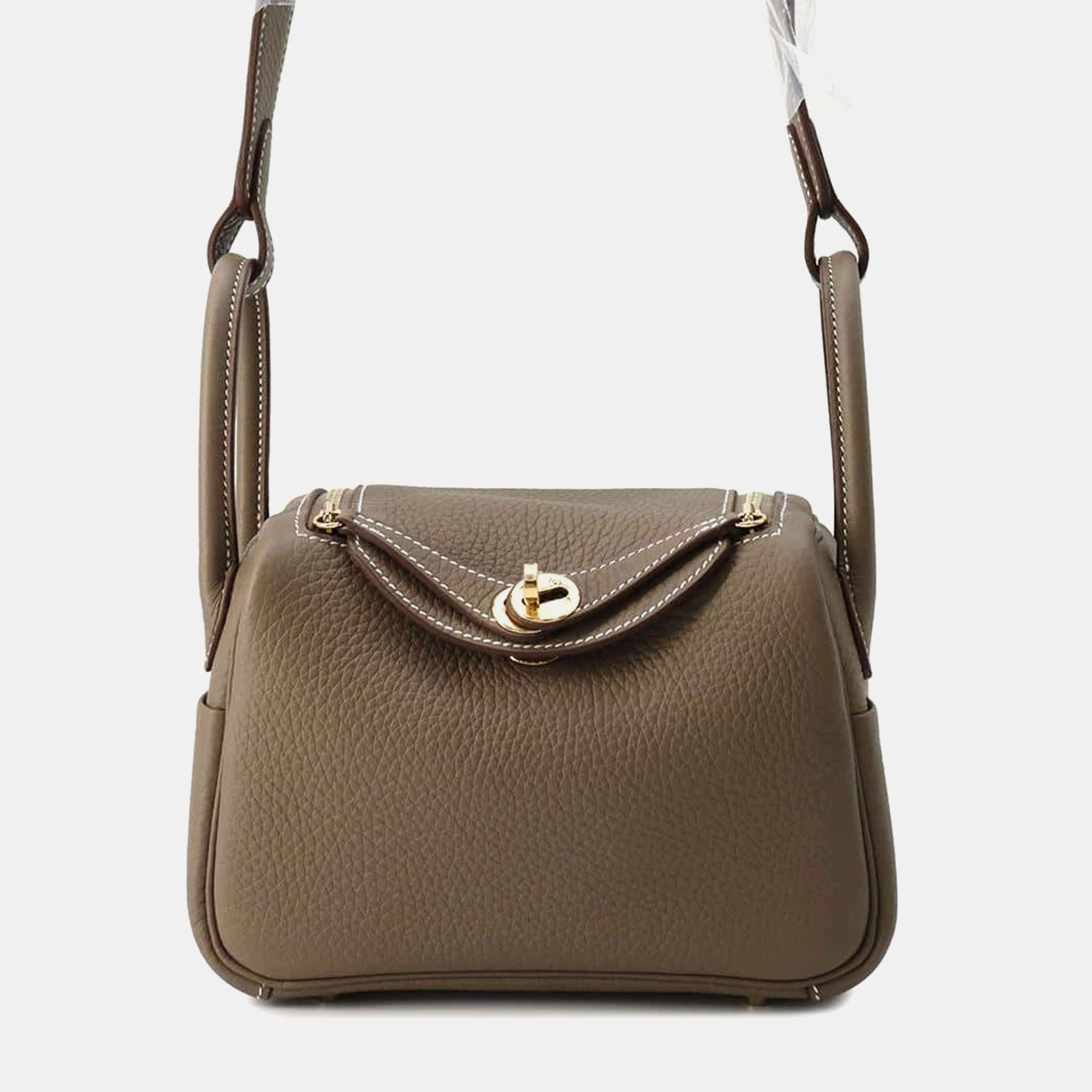 

Hermes Etoupe Taurillon Clemence Lindy Mini Handbag, Brown