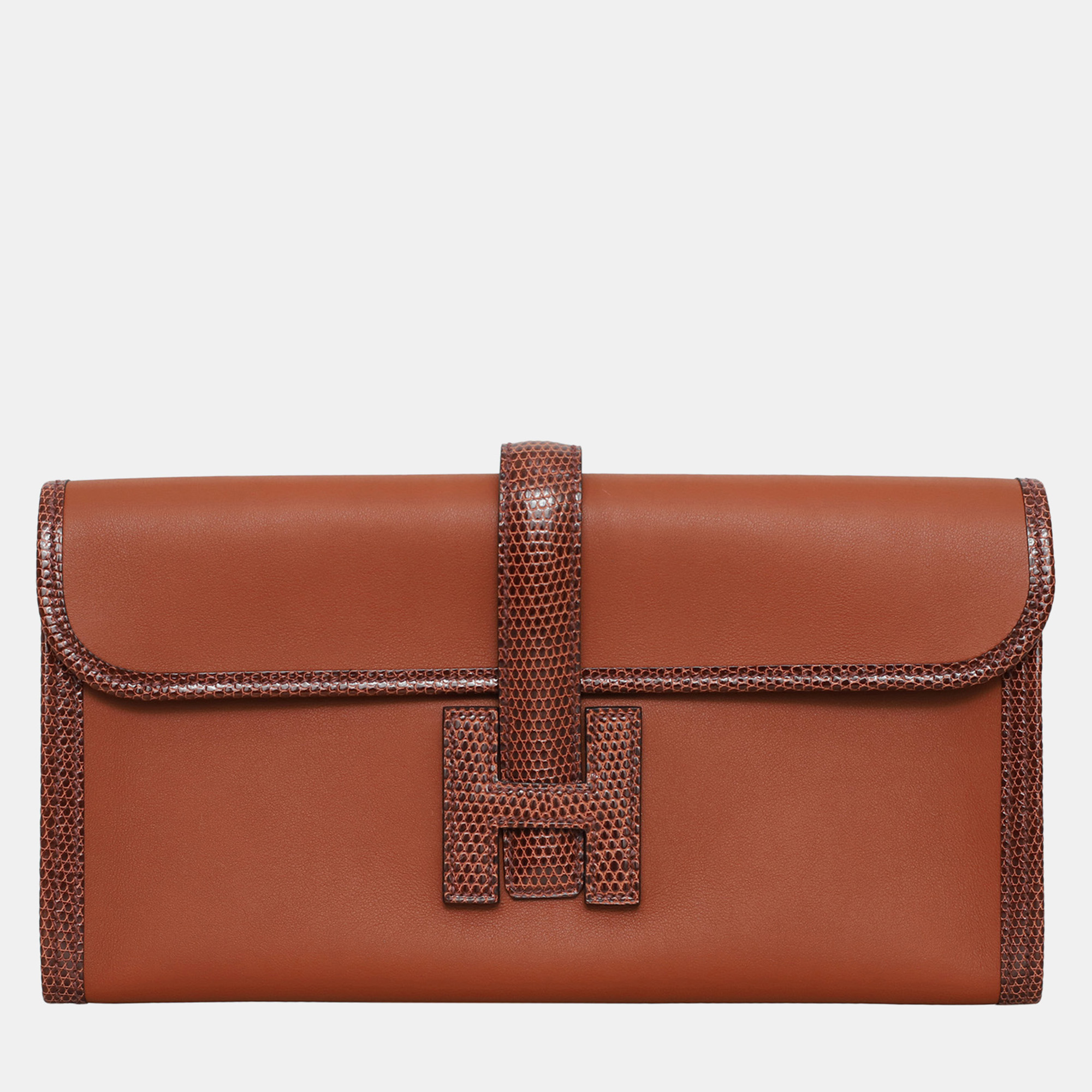 

Hermes Lizard Trim Jige Elan Clutch, Brown