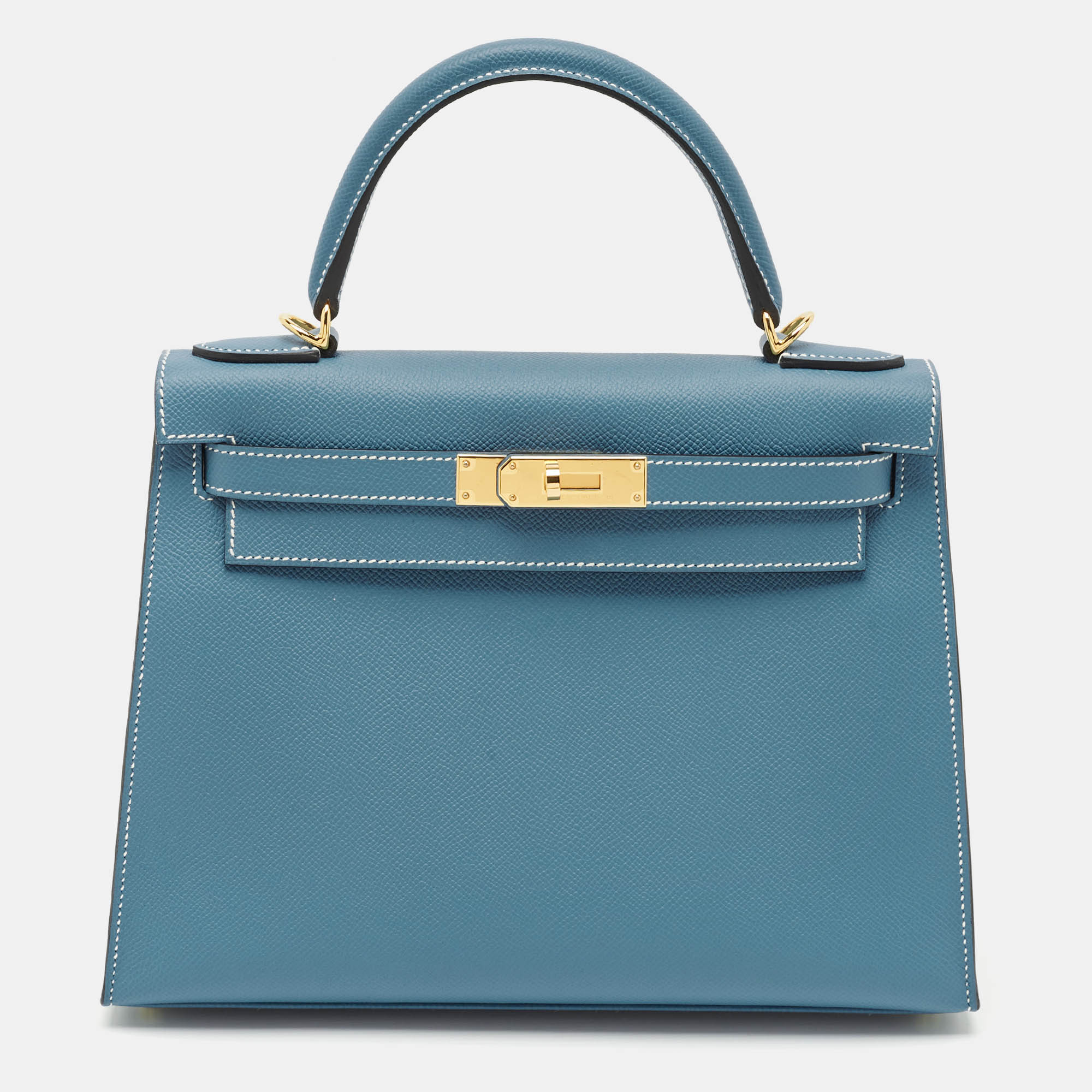 

Hermès New Bleu Jean Epsom Leather Gold Finish Kelly Sellier 28 Bag, Blue
