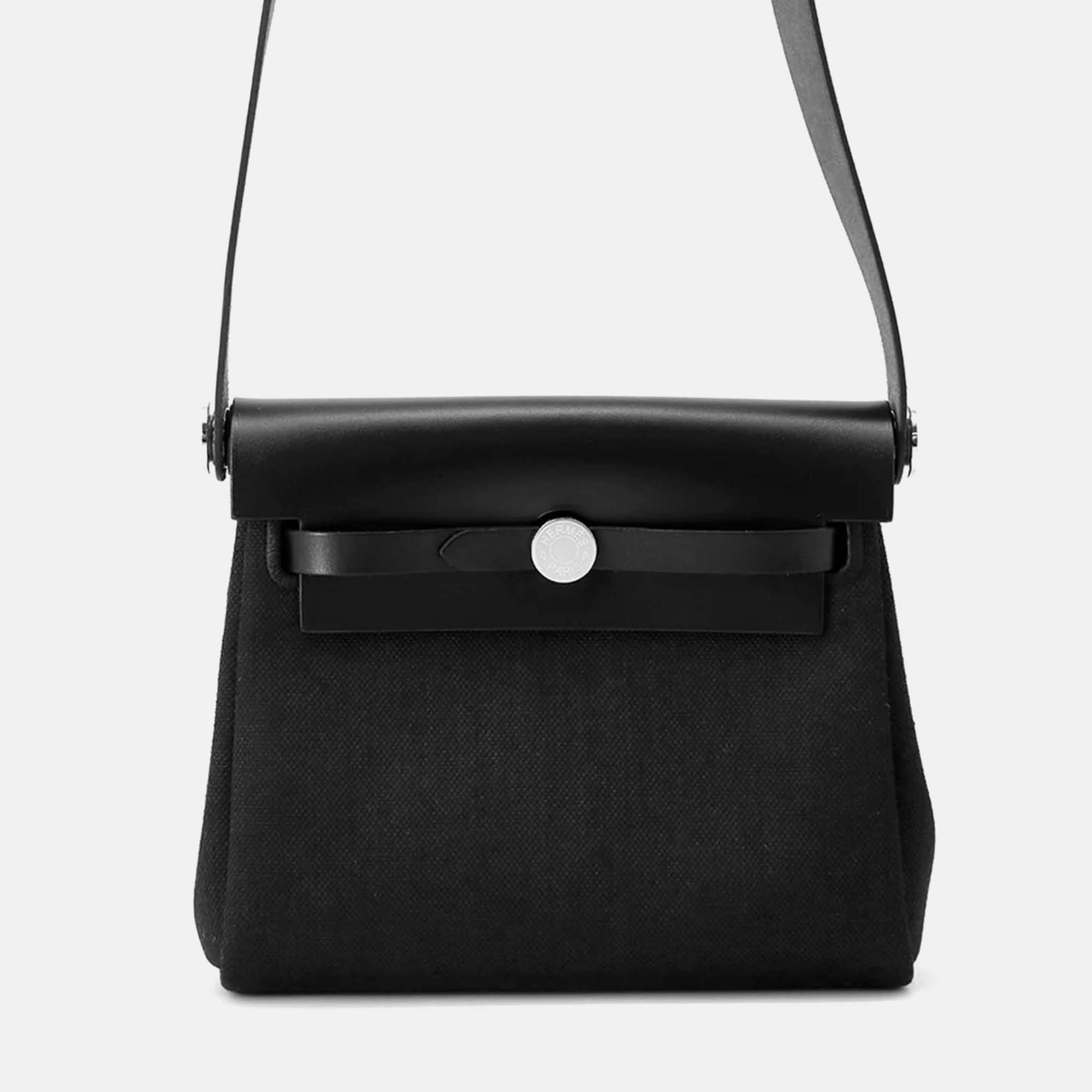 

Hermes Herbag Mini Black Toile Military Vache Hunter Leather Shoulder Bag