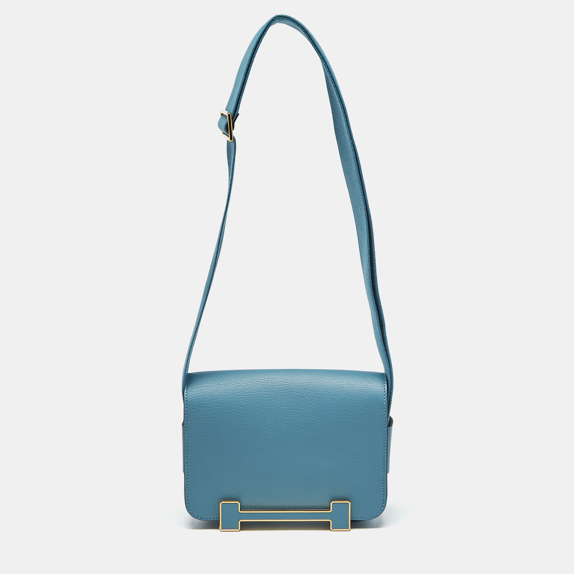 

Hermes Bleu Jean Chevre Mysore Leather Gold Finish Geta Bag, Blue