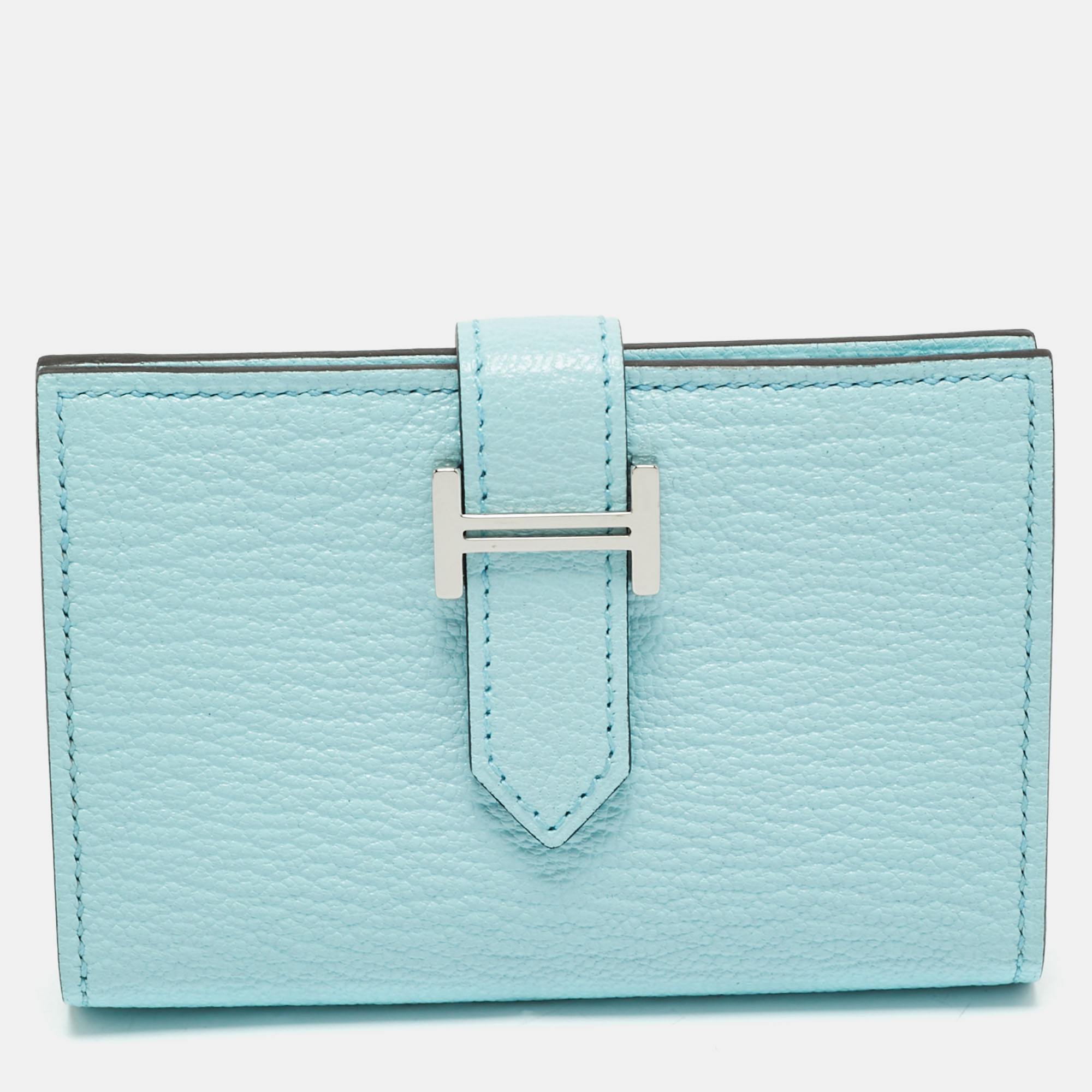 

Hermès Bleu Zephyr Chevre Leather Bearn Card Holder, Blue