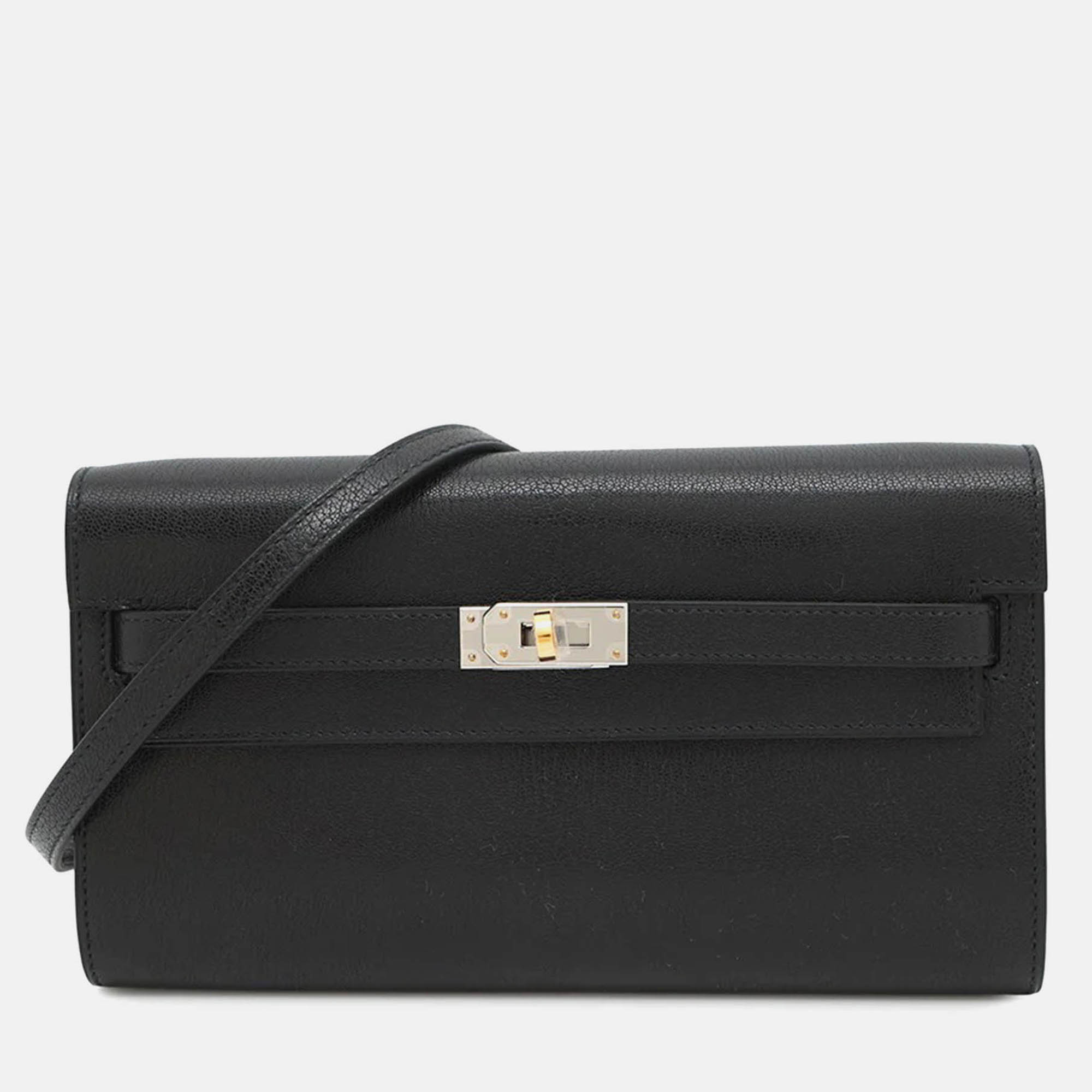 Pre-owned Hermes Kelly Black Chevre Shamqila Long To Go Wallet