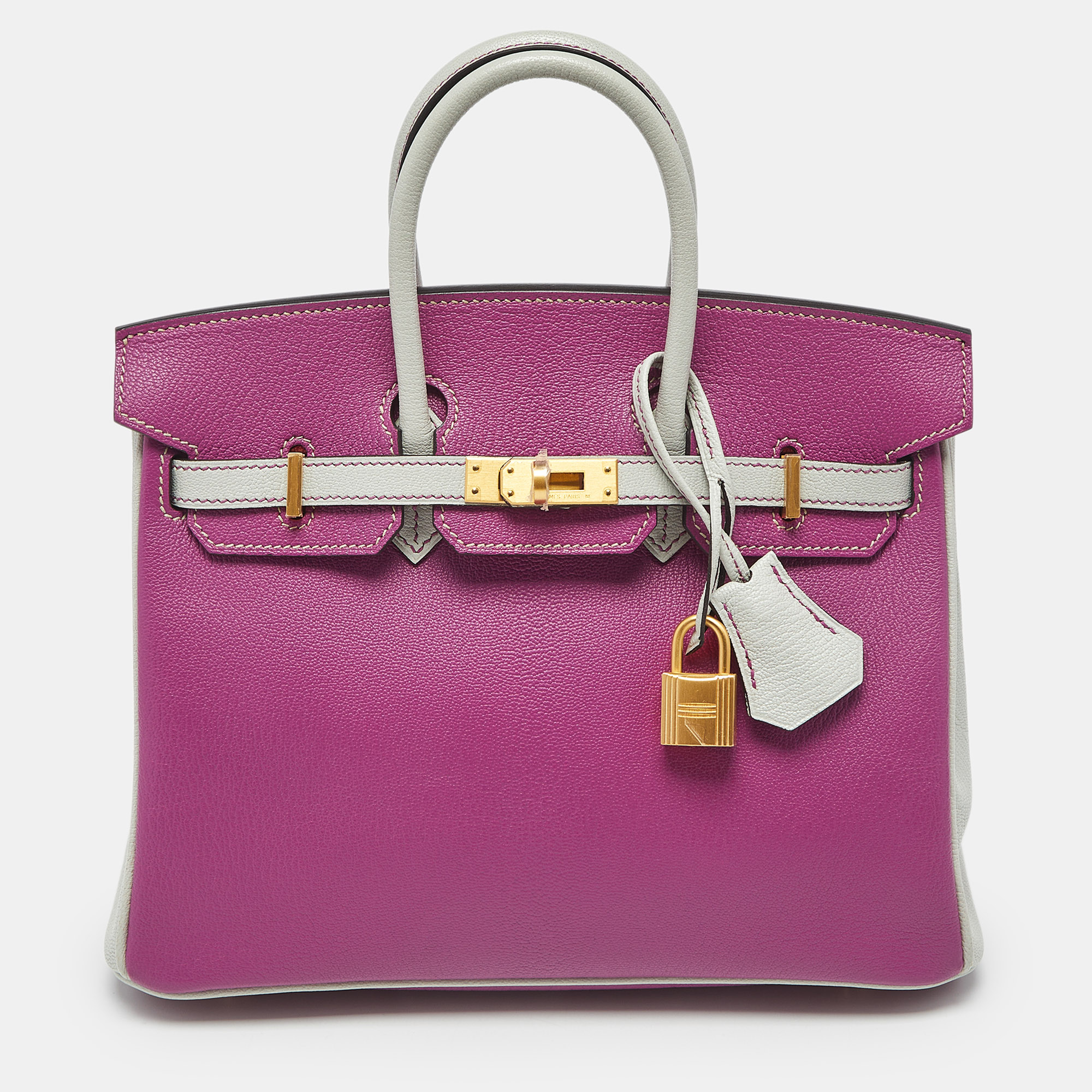 

Hermes Rose Pourpre/Gris Perle Leather Gold Finish Birkin 25 Bag, Purple