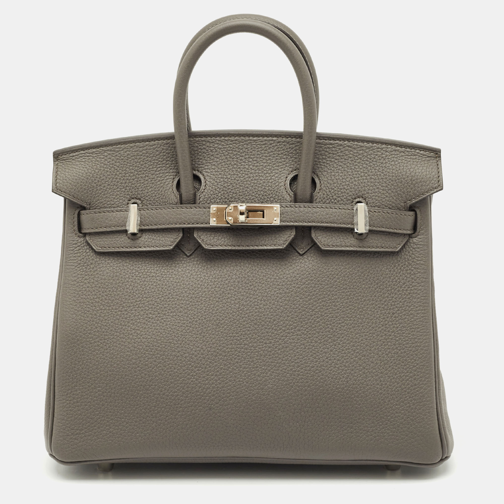 Pre-owned Hermes Hermès Etain Togo Leather Palladium Finish Birkin Sellier 25 Bag In Gray