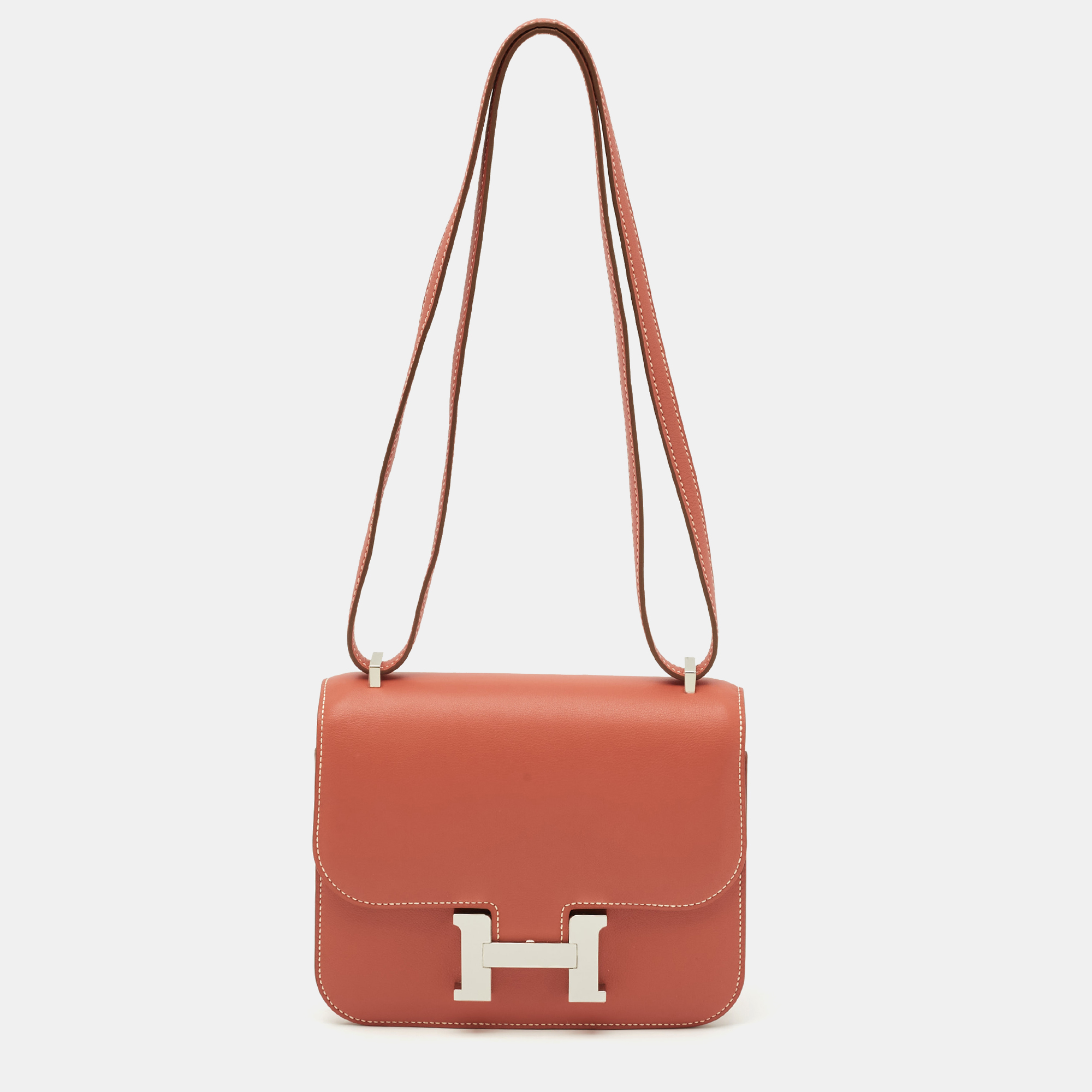 

Hermes Sanguine Swift Leather Palladium Finish Constance 18 Mini Bag, Orange