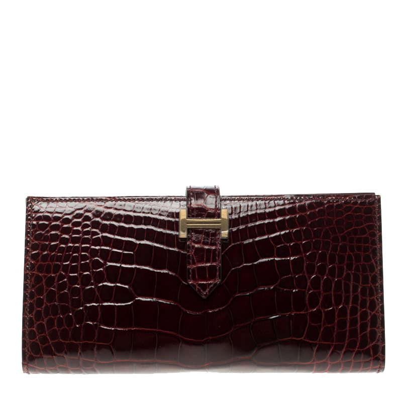 Pre Owned Hermes Burgundy Bordeaux Alligator Bearn Gusset Wallet