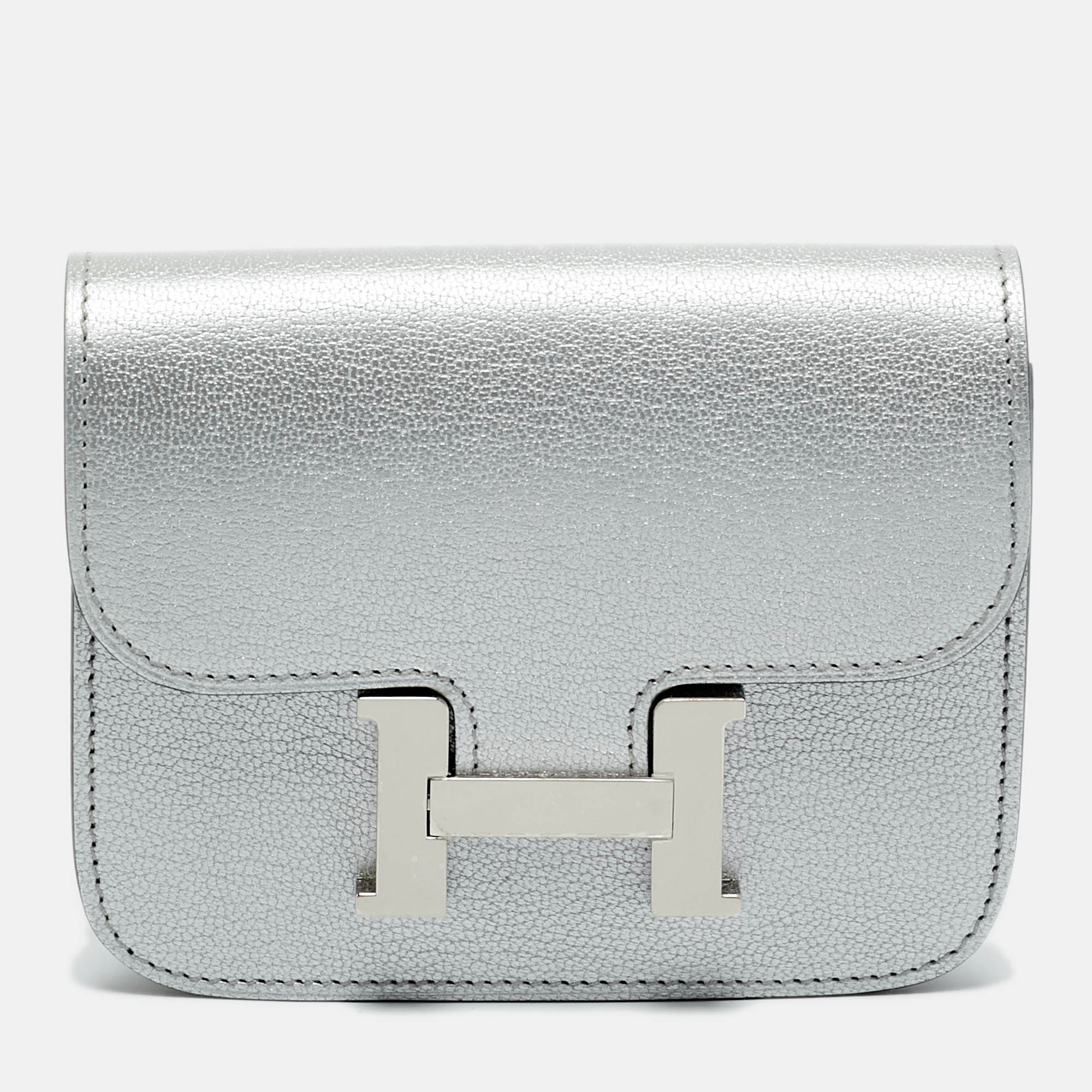 Pre-owned Hermes Hermès Argent Chevre Chamkilight Leather Constance Slim Wallet In Silver