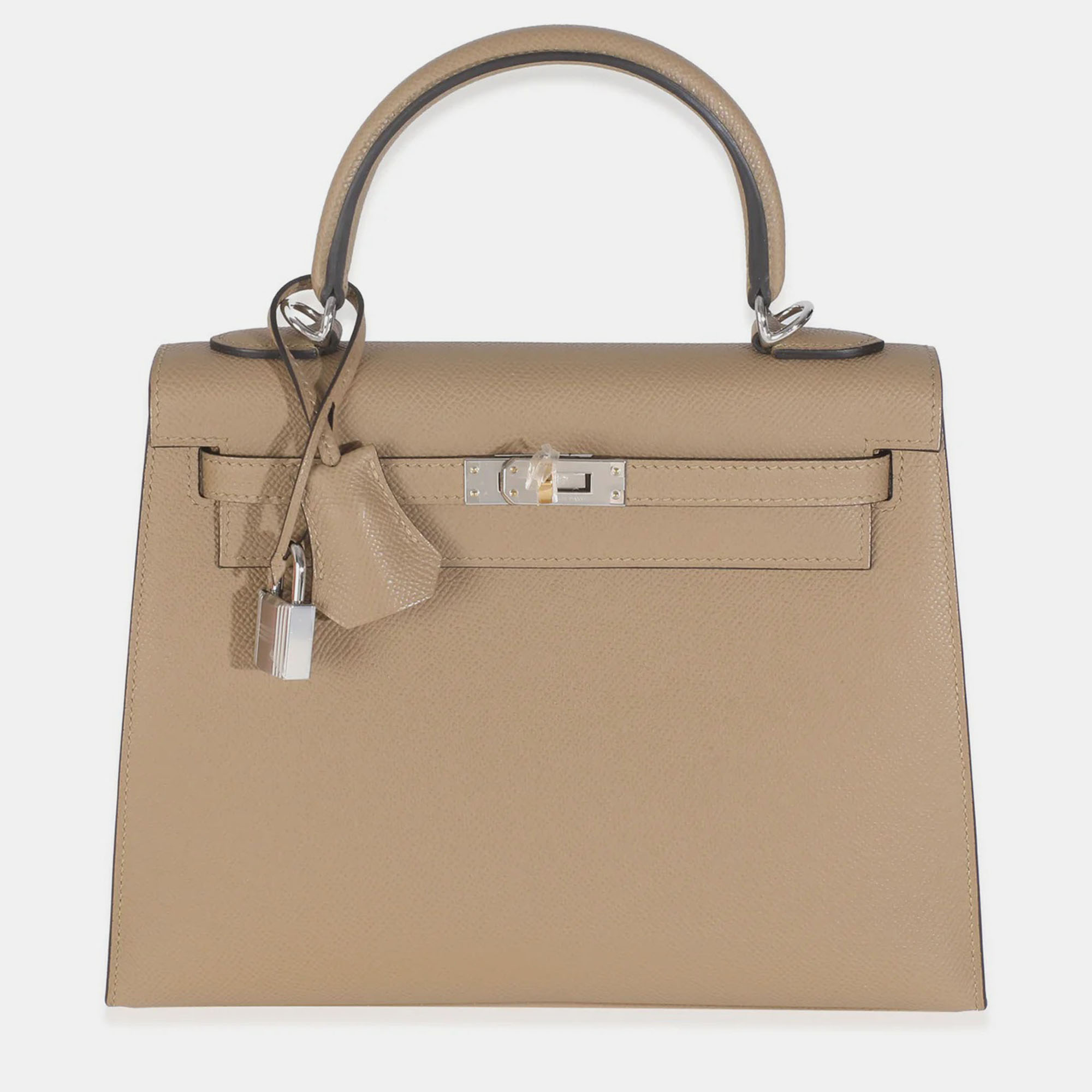 Pre-owned Hermes Sellier Kelly 25 Poussiere Epsom Bag In White