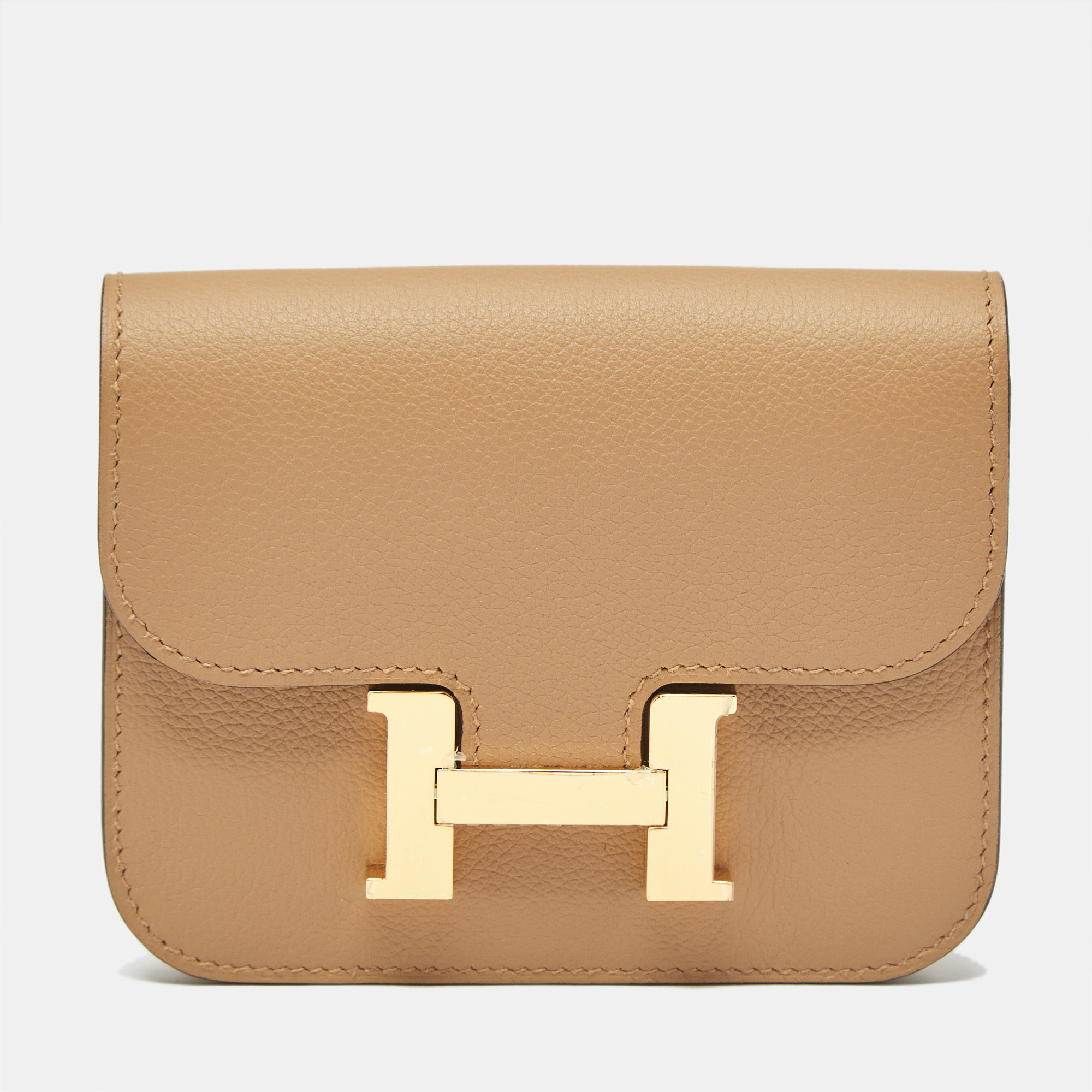 Pre-owned Hermes Hermès Chai/lime Evercolor Leather Constance Slim Wallet In Sand