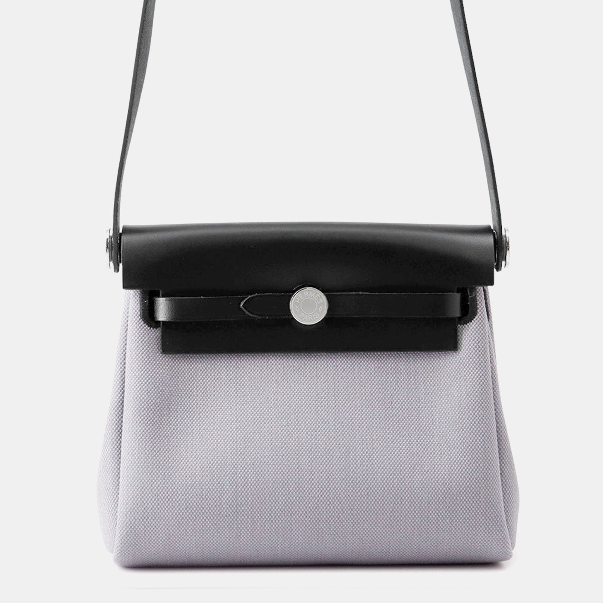 Pre-owned Hermes Herbag Zip Black/gray Pantan Toile Military Vache Hunter Leather Size Mini