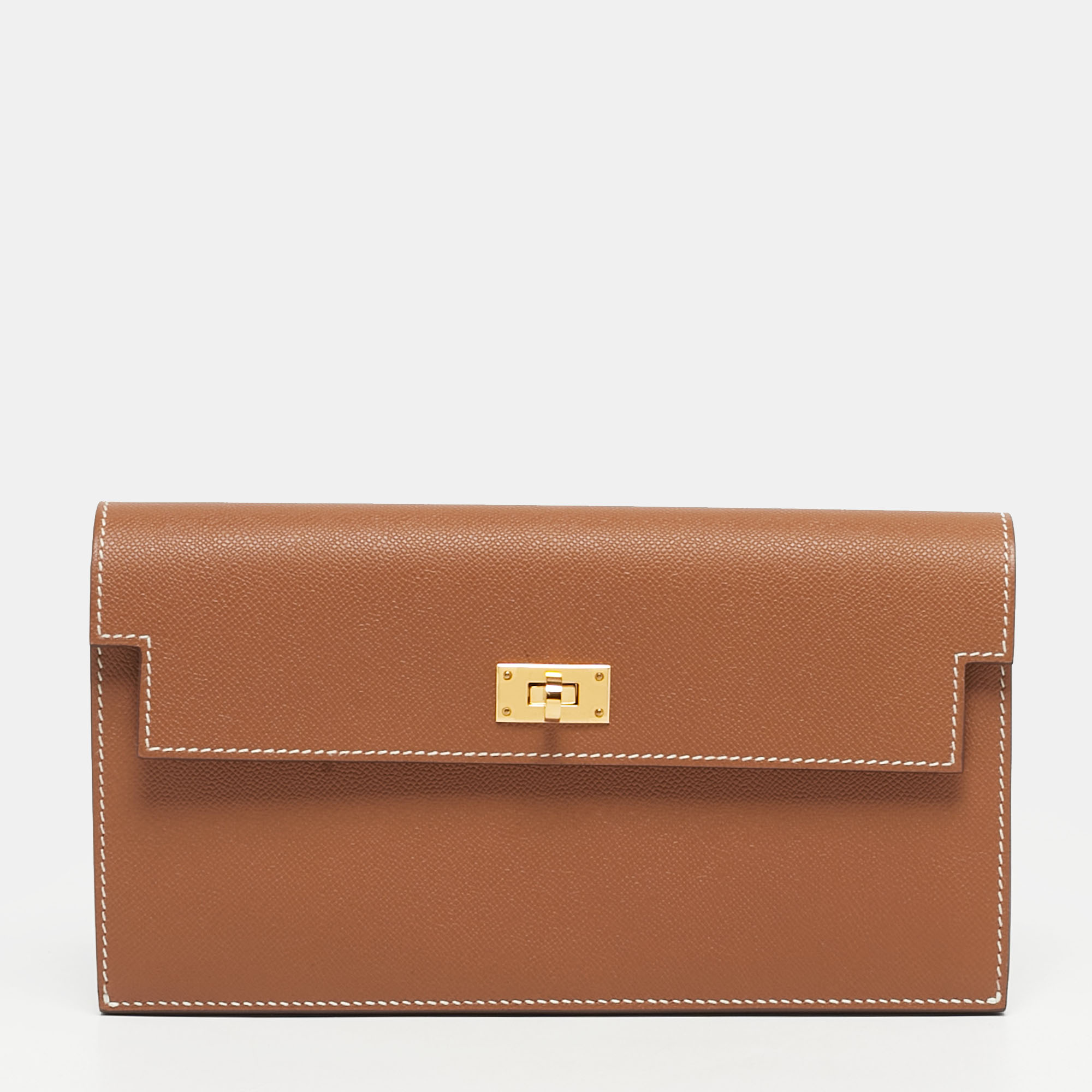 Pre-owned Hermes Kelly Pocket Gold Madame Leather Long Wallet In Brown