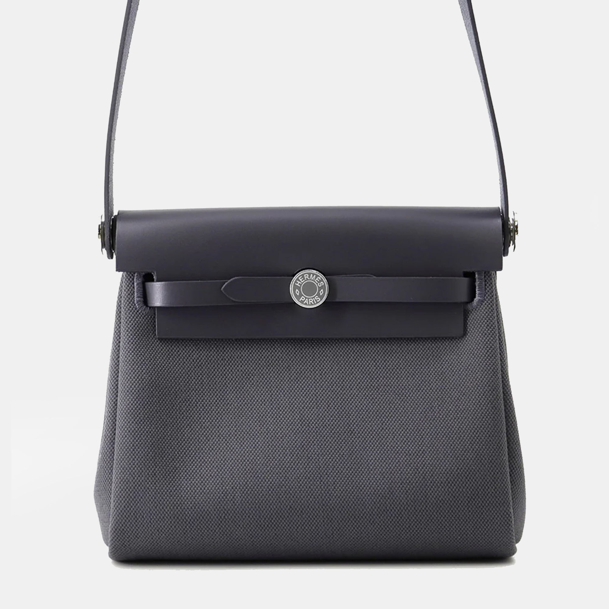 

Hermes Herbag Zip Mini Grey Military Canvas Vache Hunter Calfskin Leather Top Handle Bag, Black