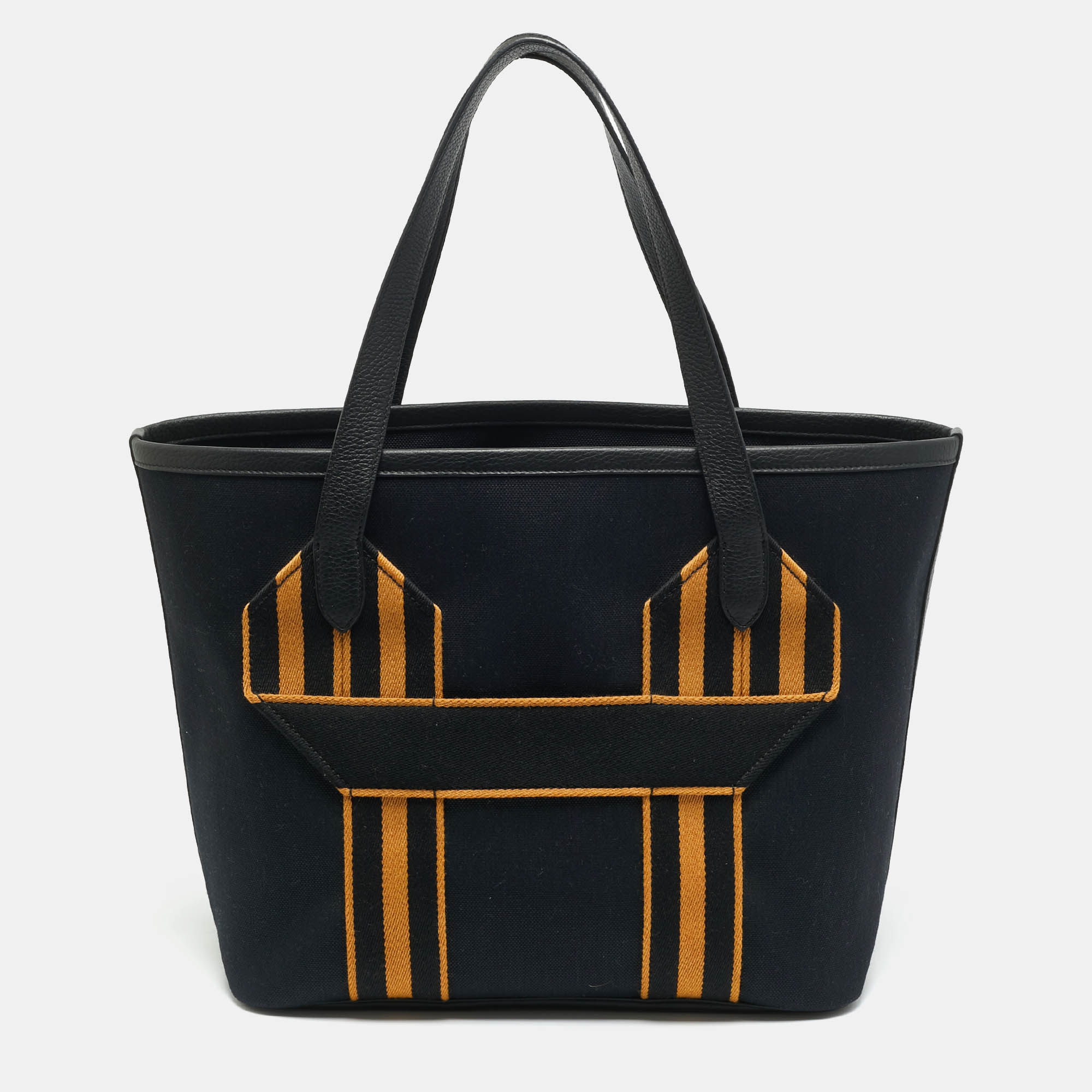 

Hermes Pursangle MM Noir/Caramel Militaire Toile and Taurillon Clemence Leather Tote, Black
