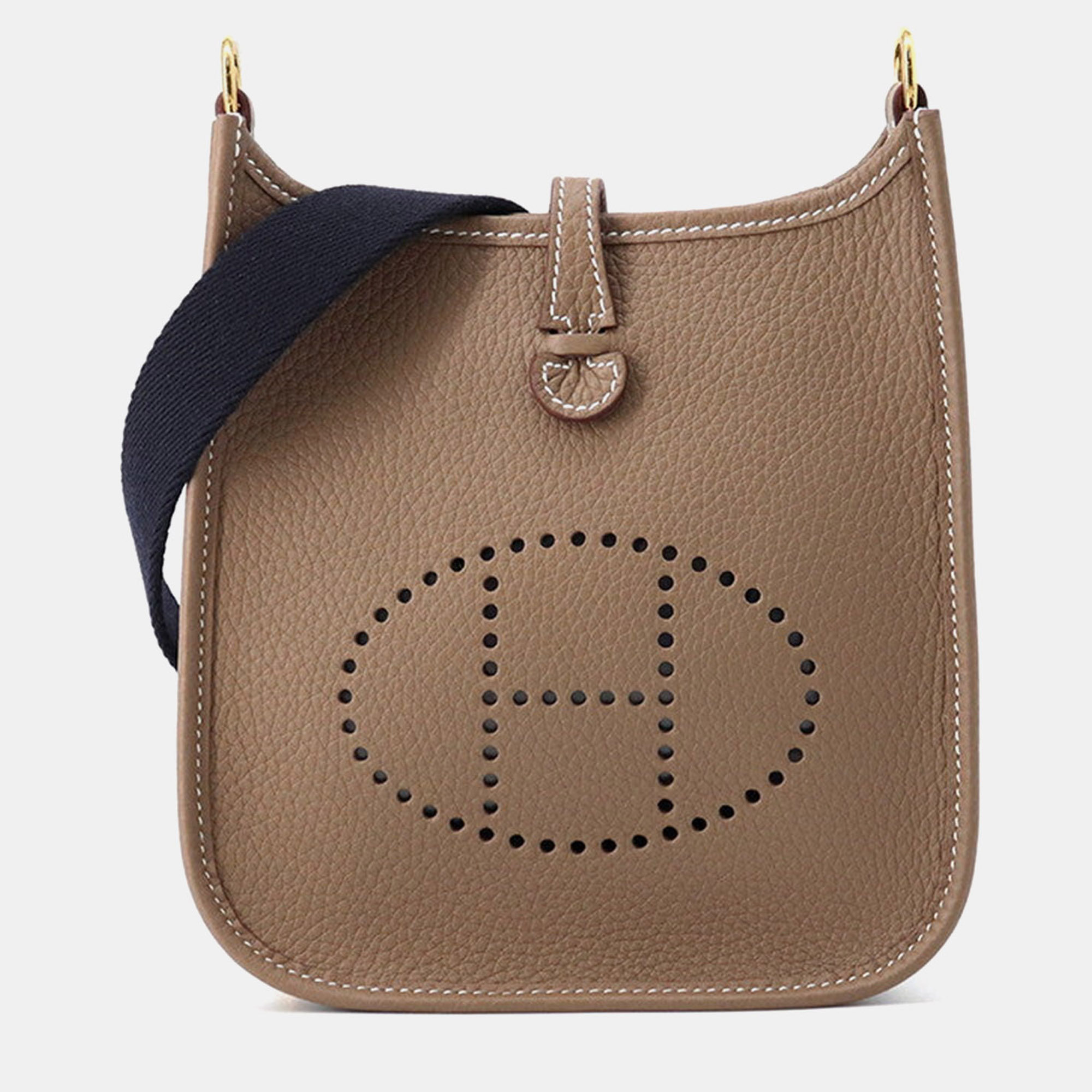 

Hermes Evelyne Long Etoupe/Blue Indigo Taurillon Clemence Size Tpm, Brown